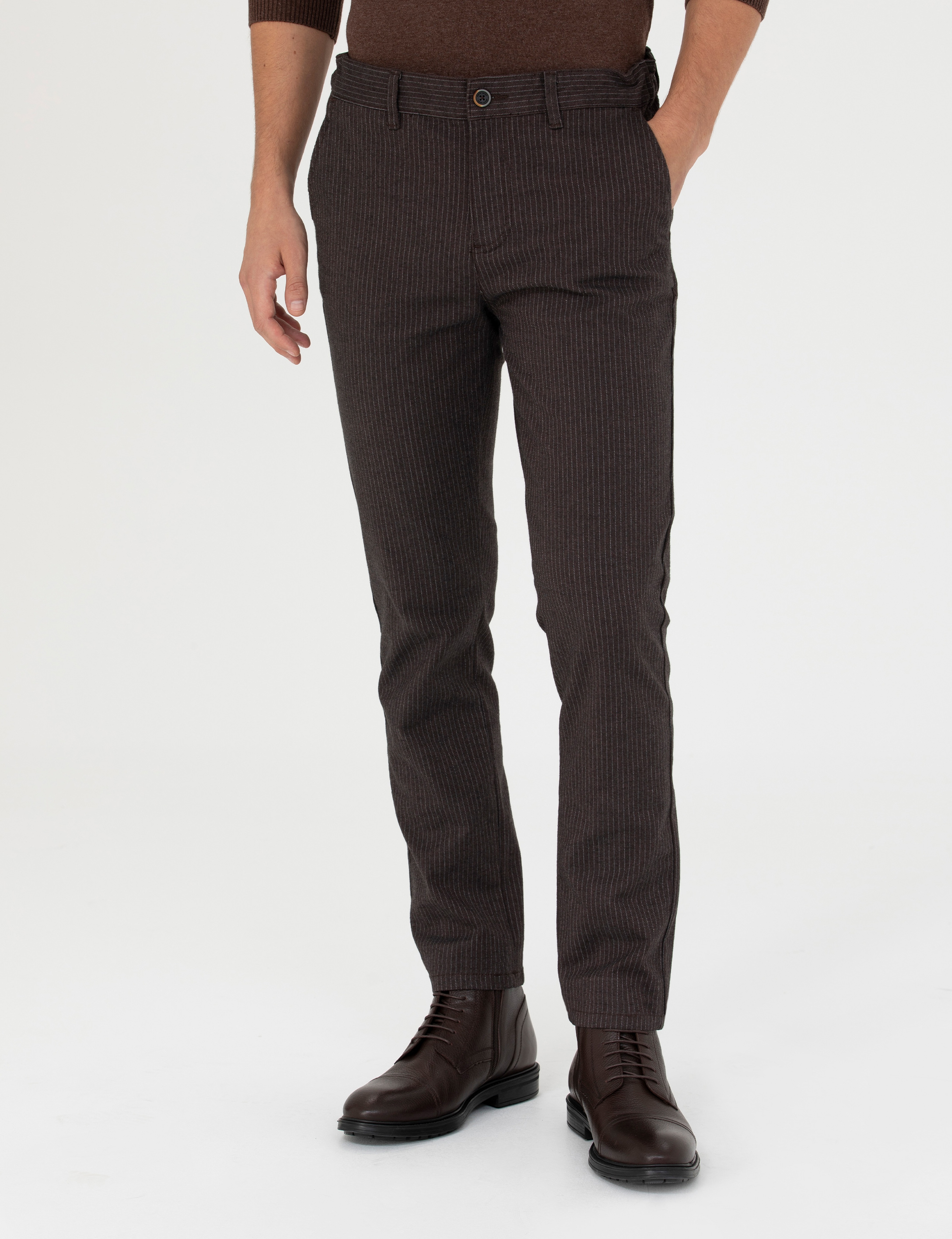 Kahverengi Slim Fit Çizgili Kanvas Pantolon