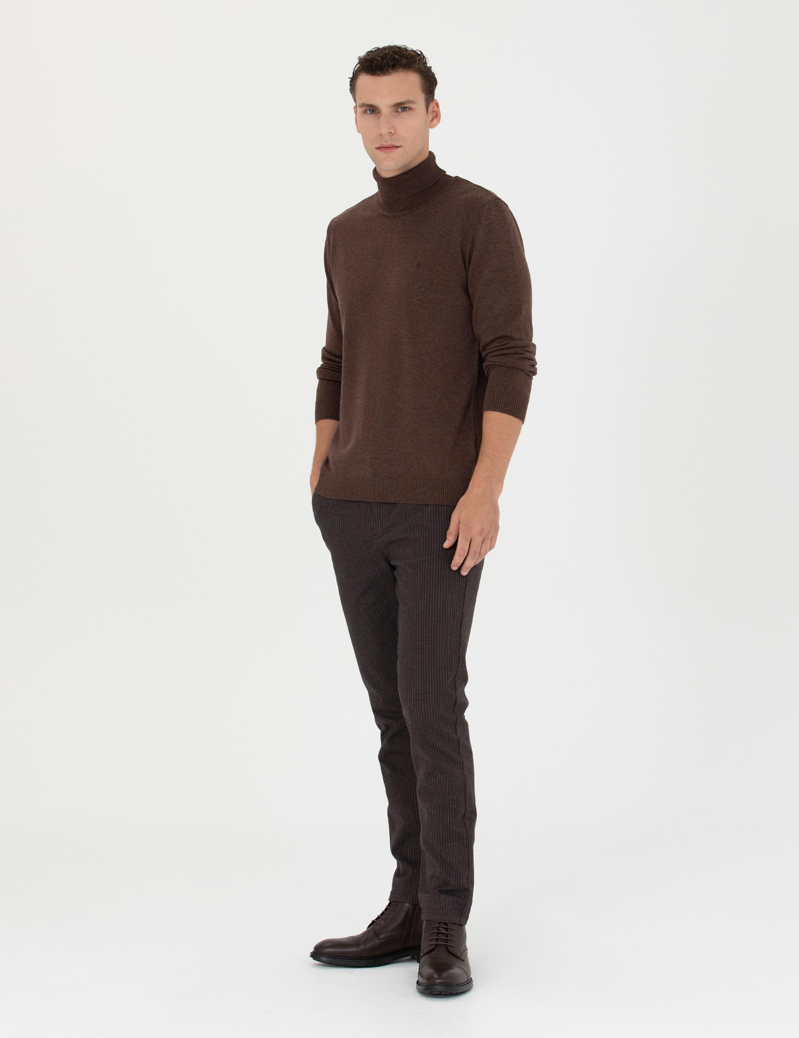 Kahverengi Slim Fit Çizgili Kanvas Pantolon