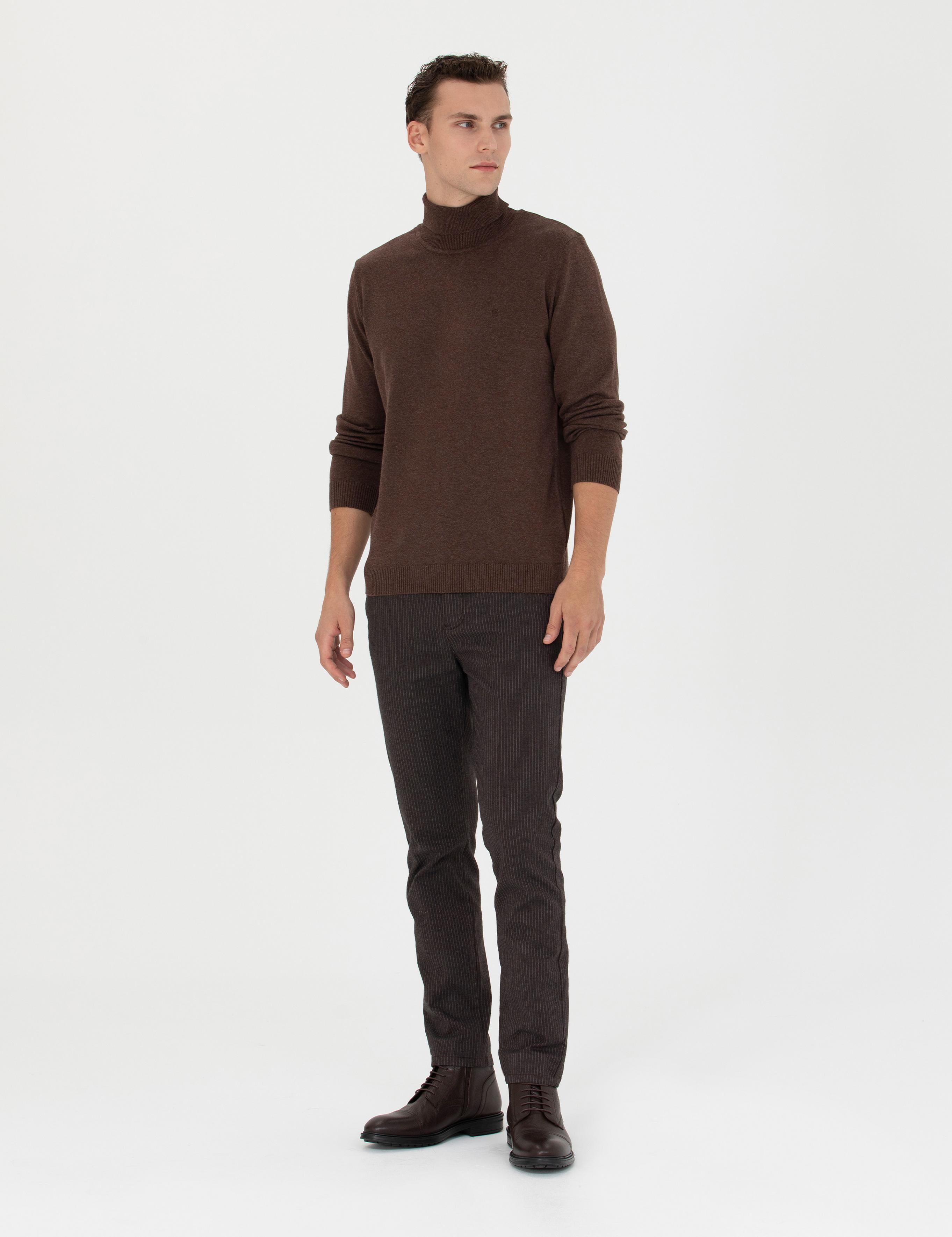 Kahverengi Slim Fit Çizgili Kanvas Pantolon