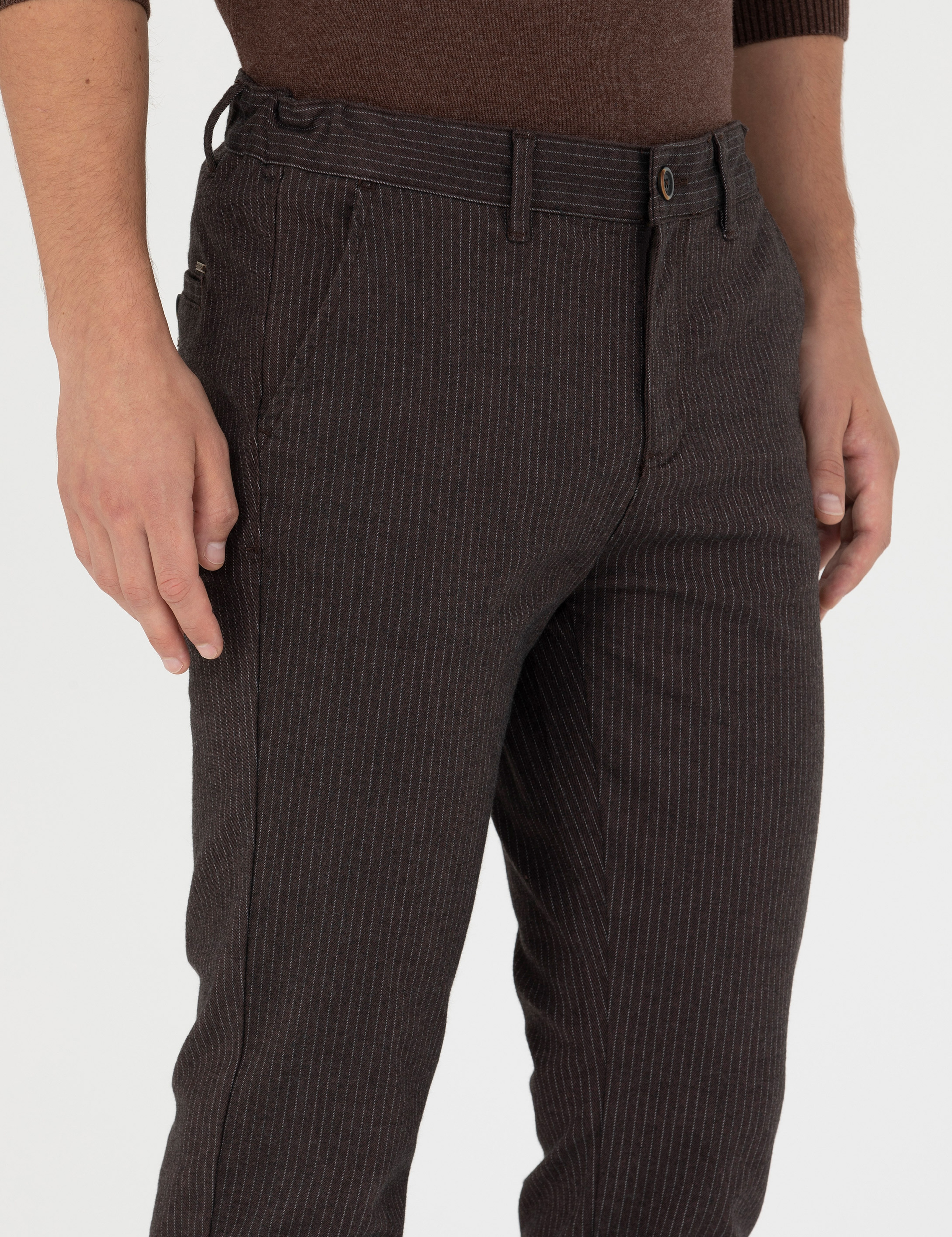 Kahverengi Slim Fit Çizgili Kanvas Pantolon - Image 5