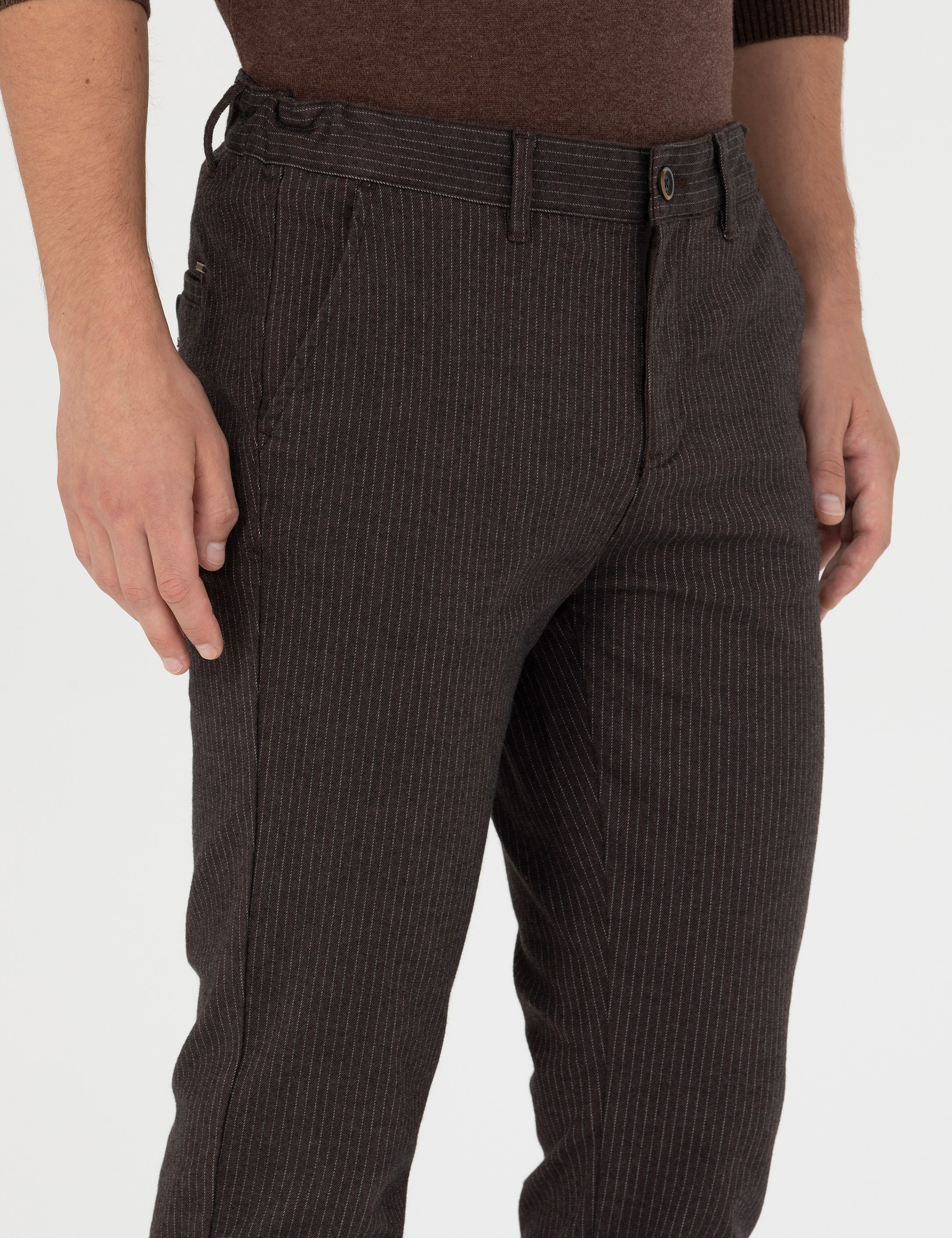 Kahverengi Slim Fit Çizgili Kanvas Pantolon