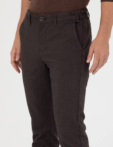 Kahverengi Slim Fit Çizgili Kanvas Pantolon
