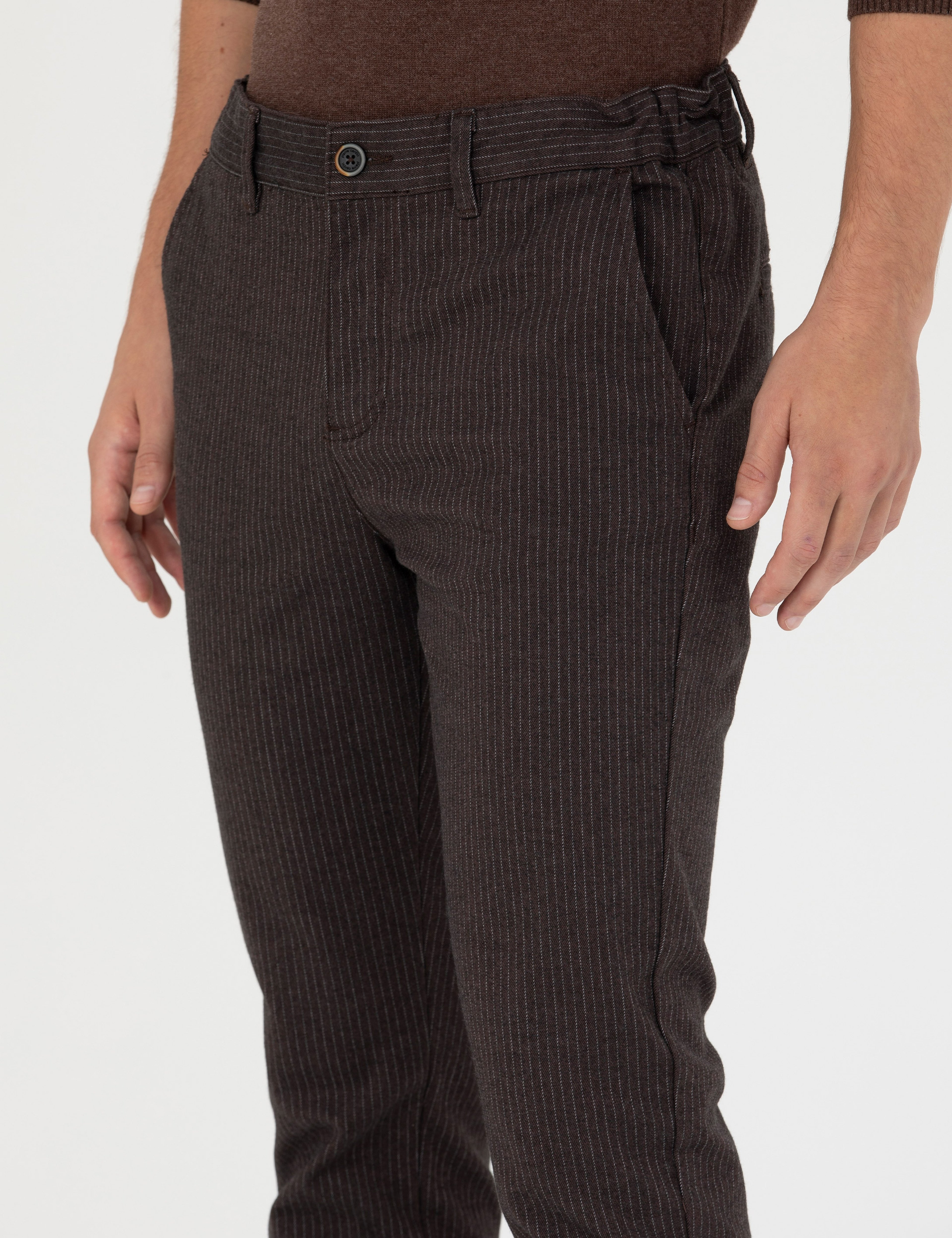 Kahverengi Slim Fit Çizgili Kanvas Pantolon - Image 6