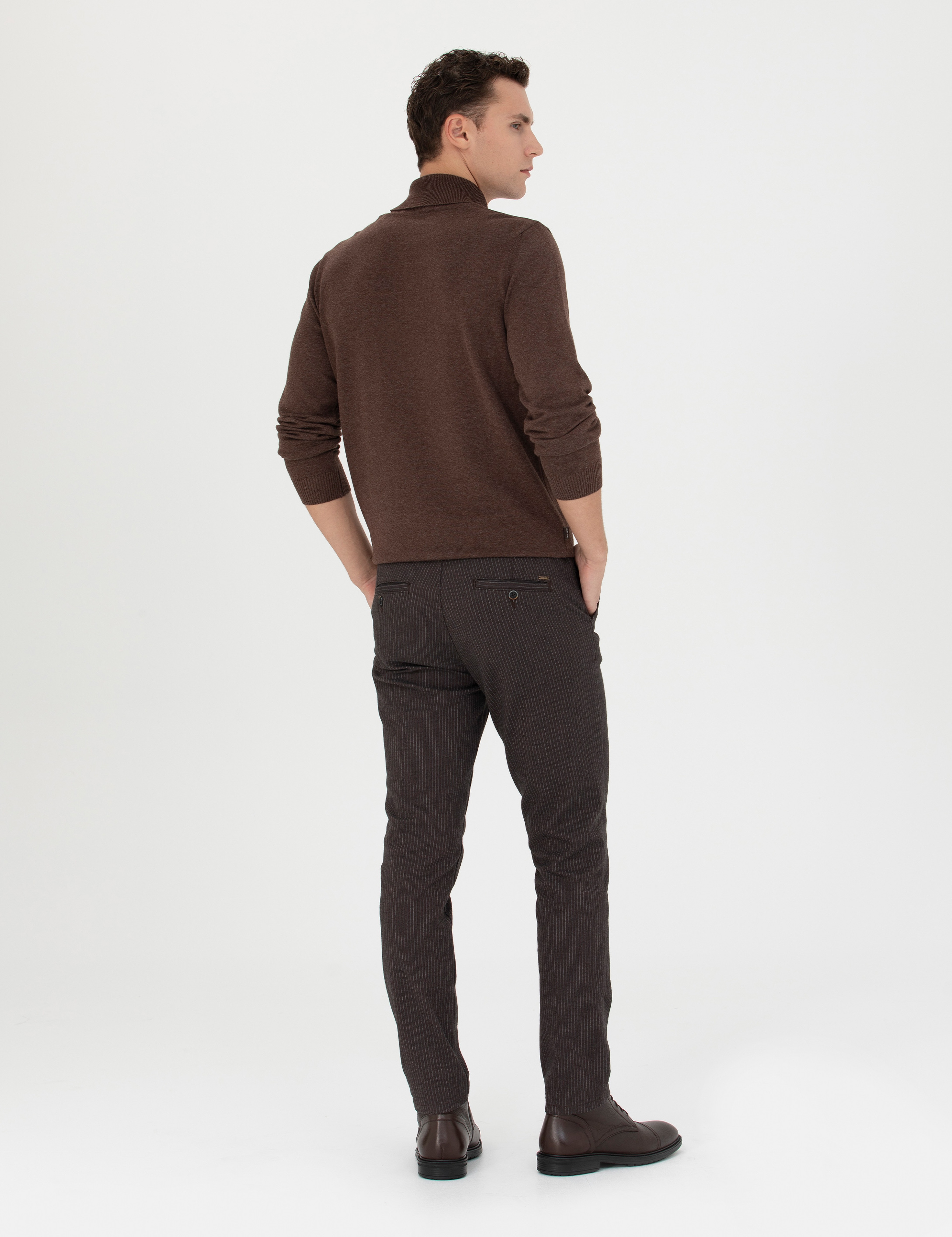 Kahverengi Slim Fit Çizgili Kanvas Pantolon
