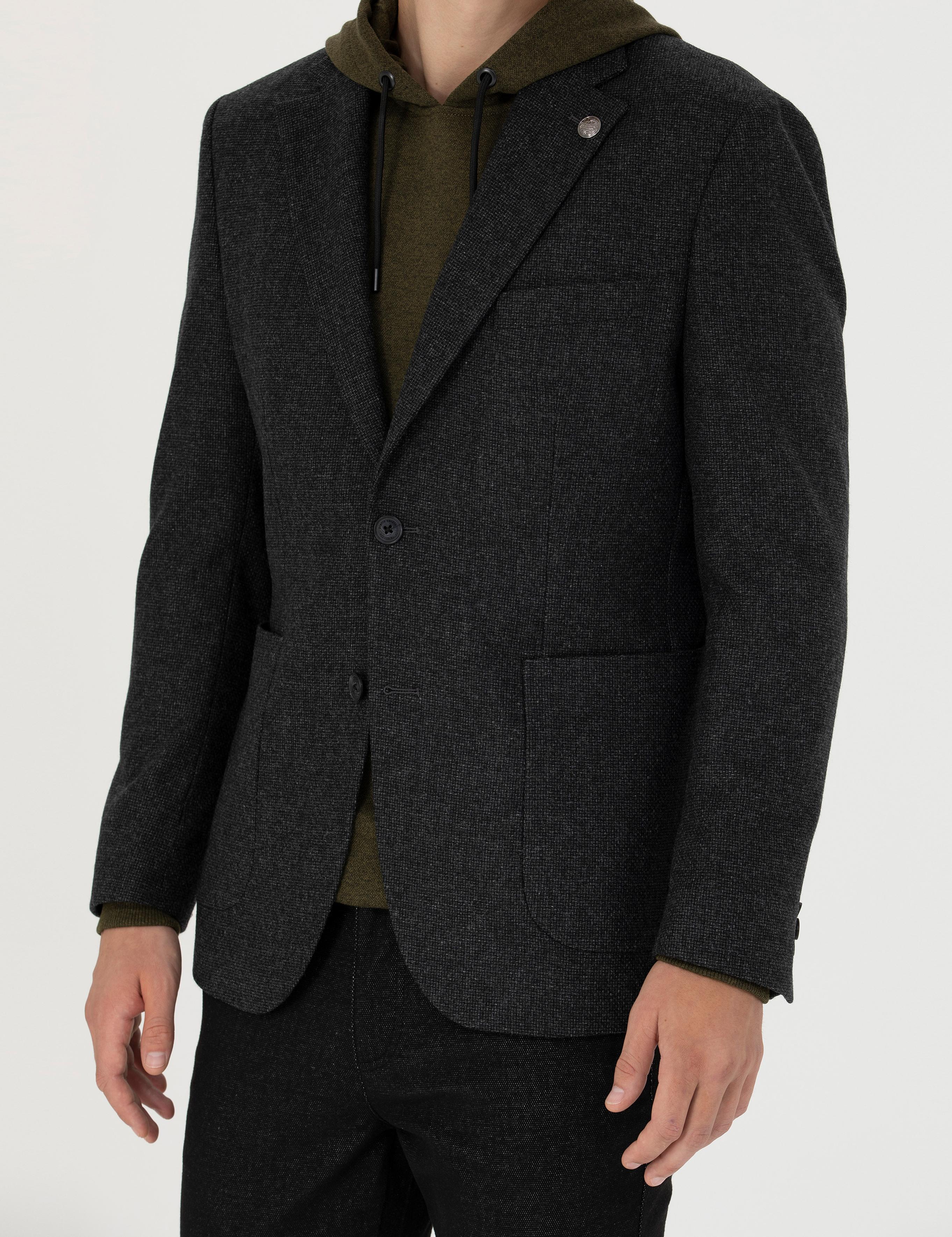 Antrasit Slim Fit Yün Karışımlı Ceket