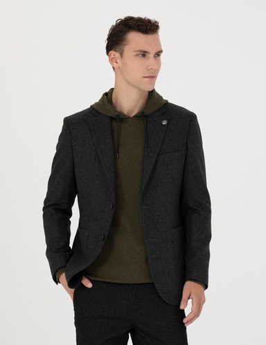 Antrasit Slim Fit Yün Karışımlı Ceket