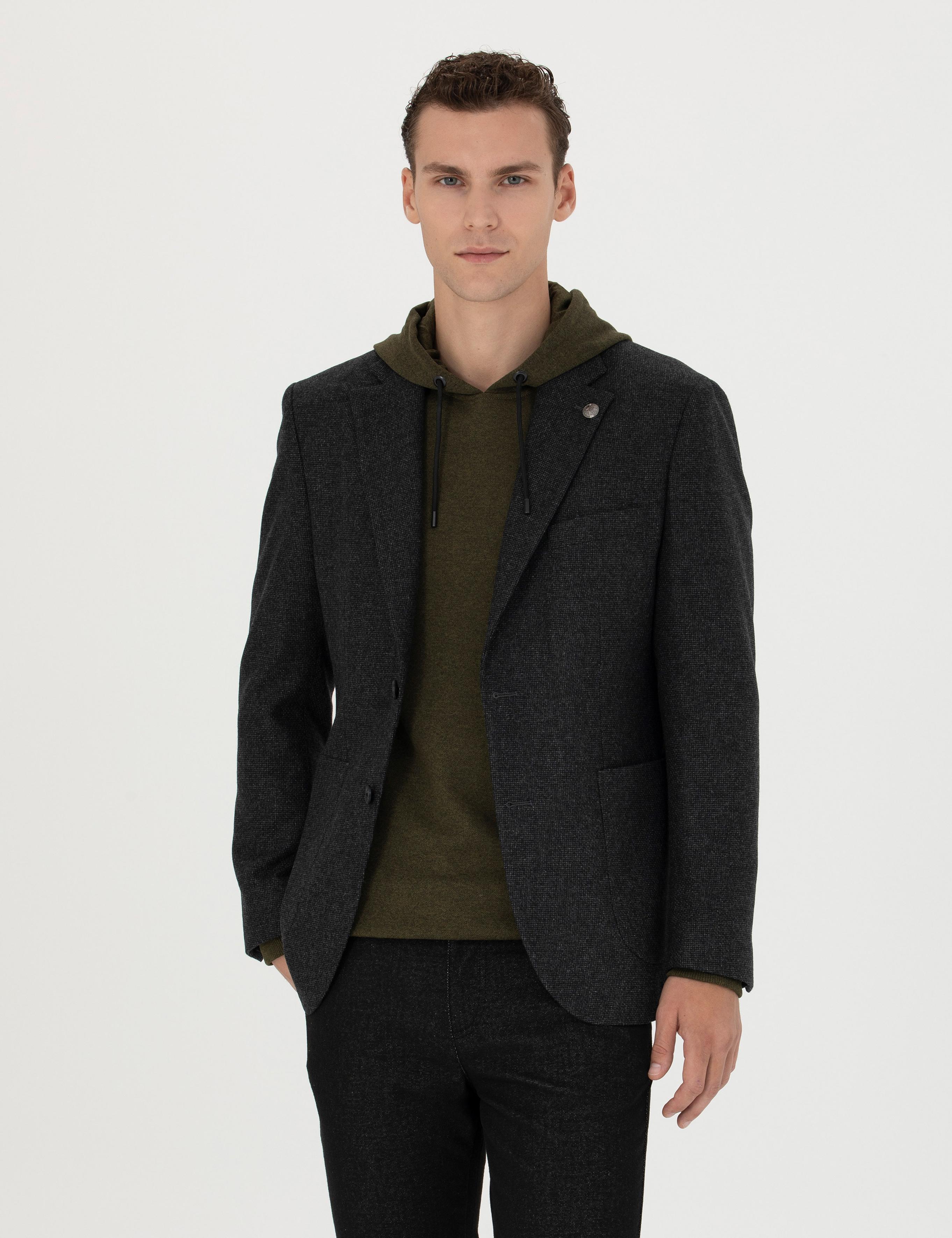 Antrasit Slim Fit Yün Karışımlı Ceket