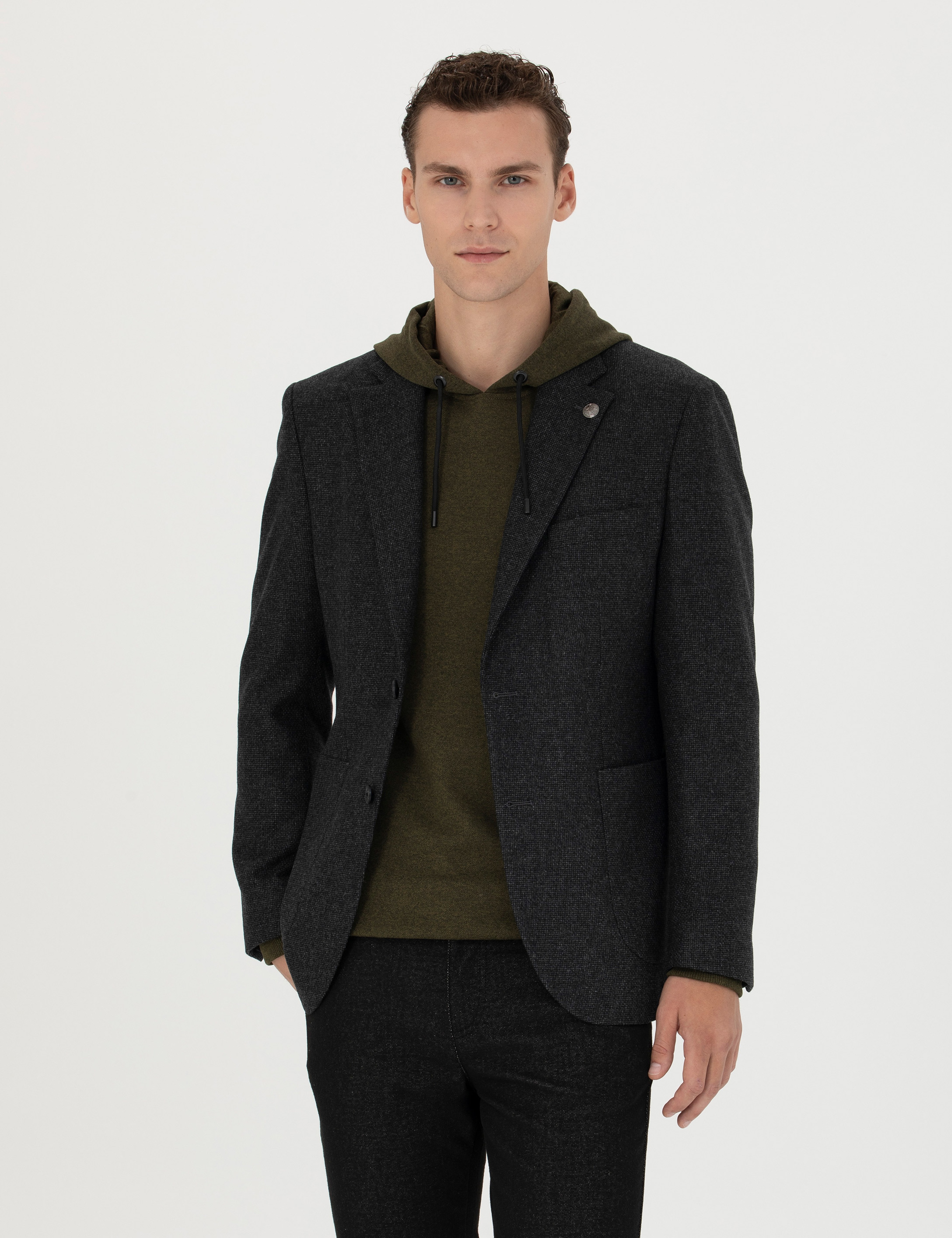Antrasit Slim Fit Yün Karışımlı Ceket