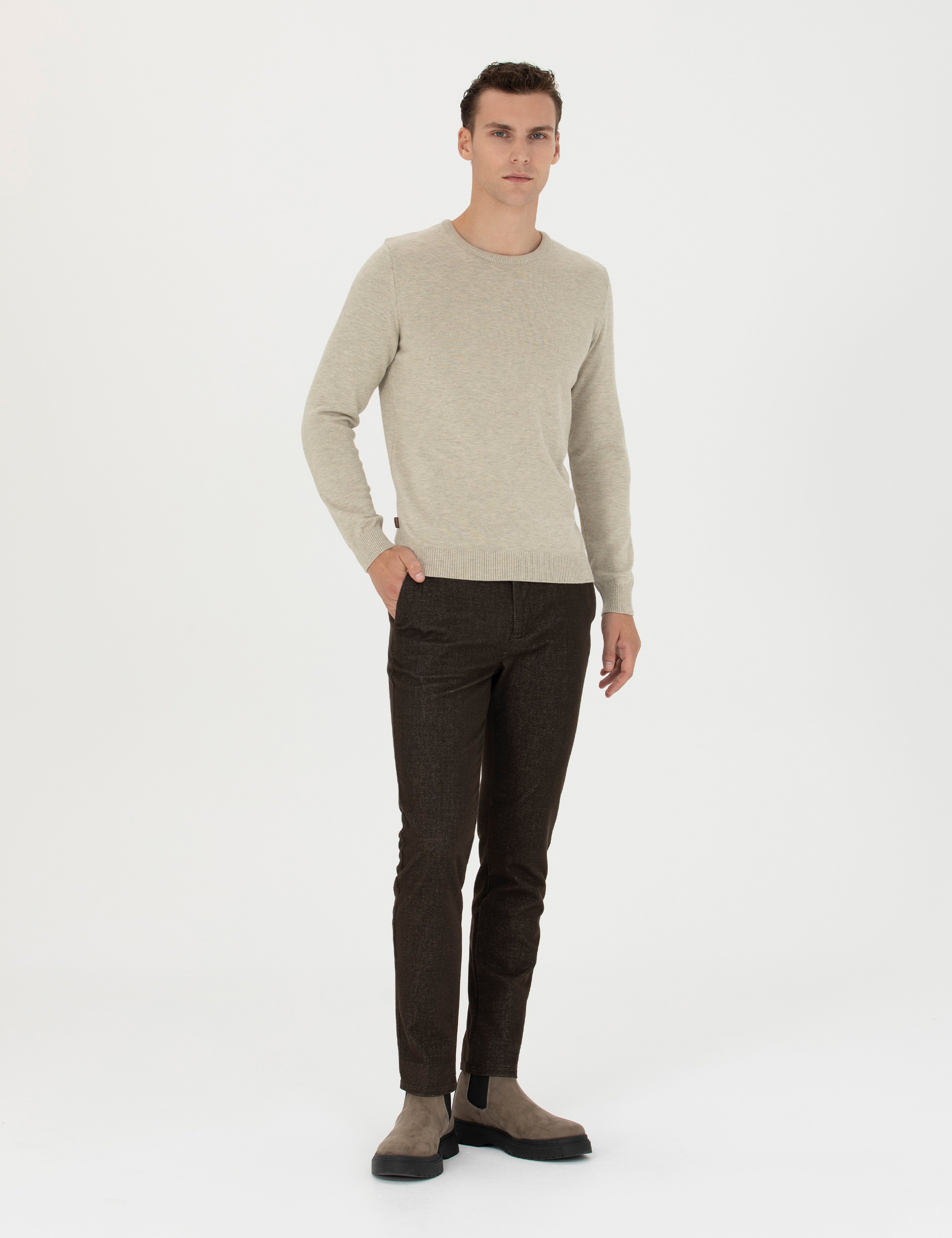 Kahverengi Slim Fit Kanvas Pantolon - Image 1