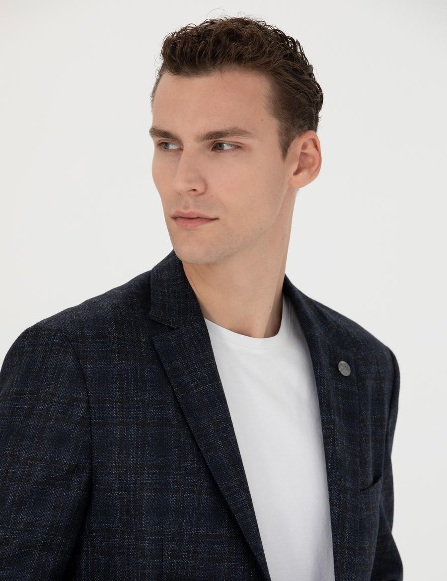 Ekose Lacivert Yün Ceket