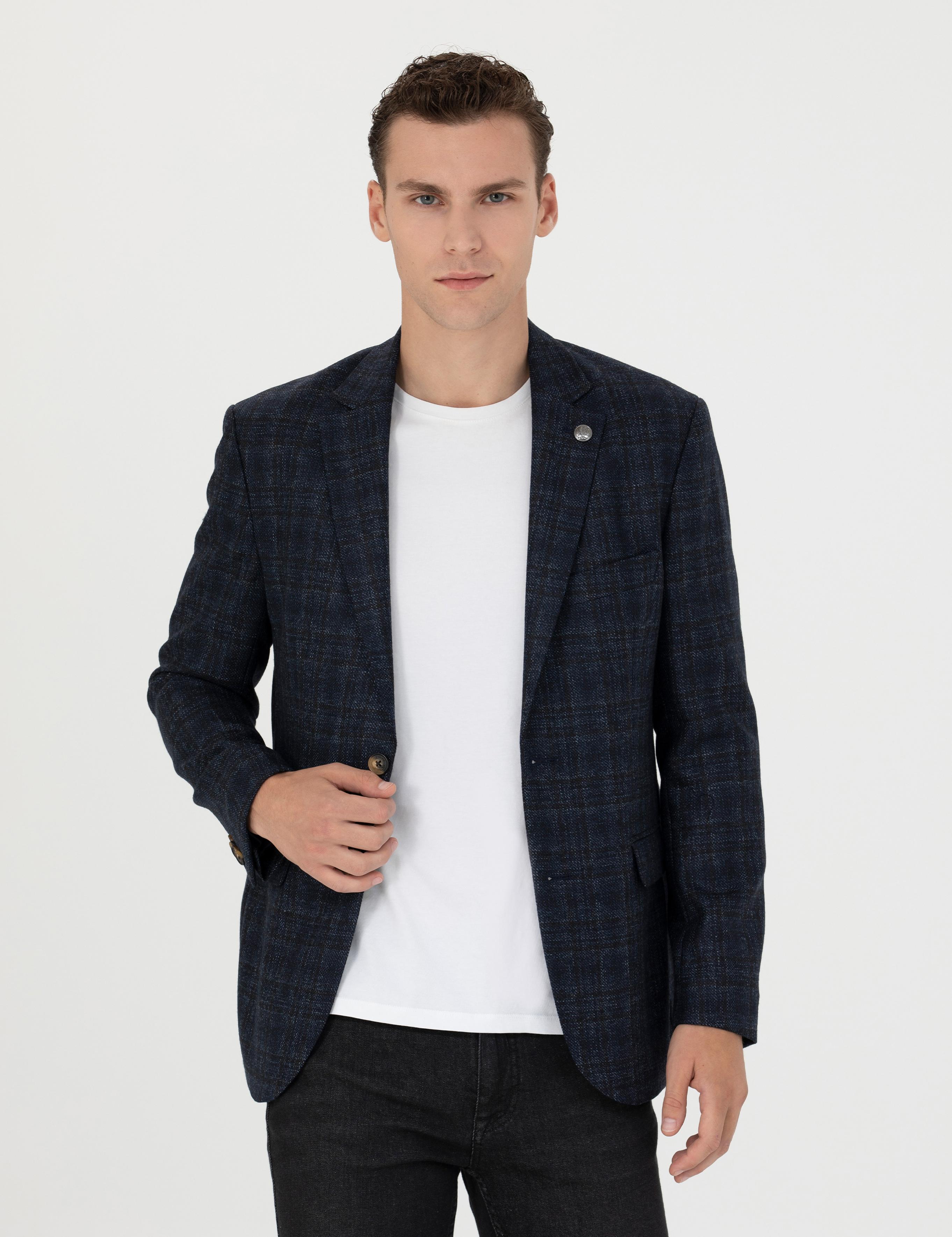 Ekose Lacivert Yün Ceket