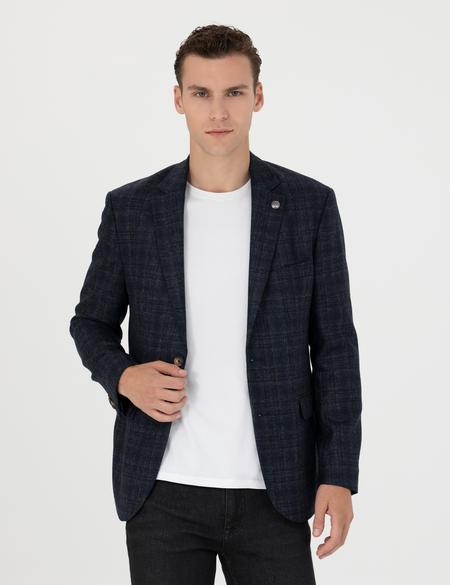 Ekose Lacivert Yün Ceket - 50273168008