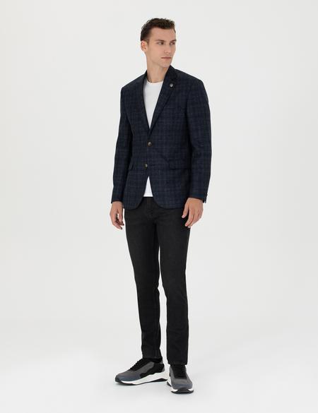 Ekose Lacivert Yün Ceket - 50273168008