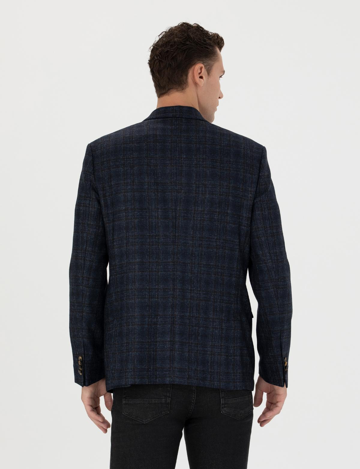 Ekose Lacivert Yün Ceket - 50273168008