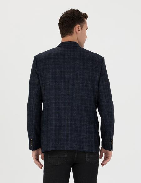 Ekose Lacivert Yün Ceket - 50273168008