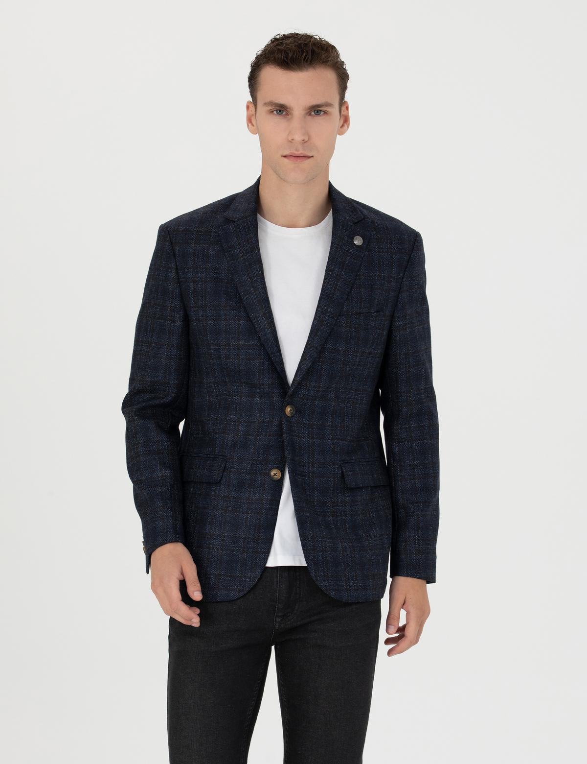 Ekose Lacivert Yün Ceket - 50273168008