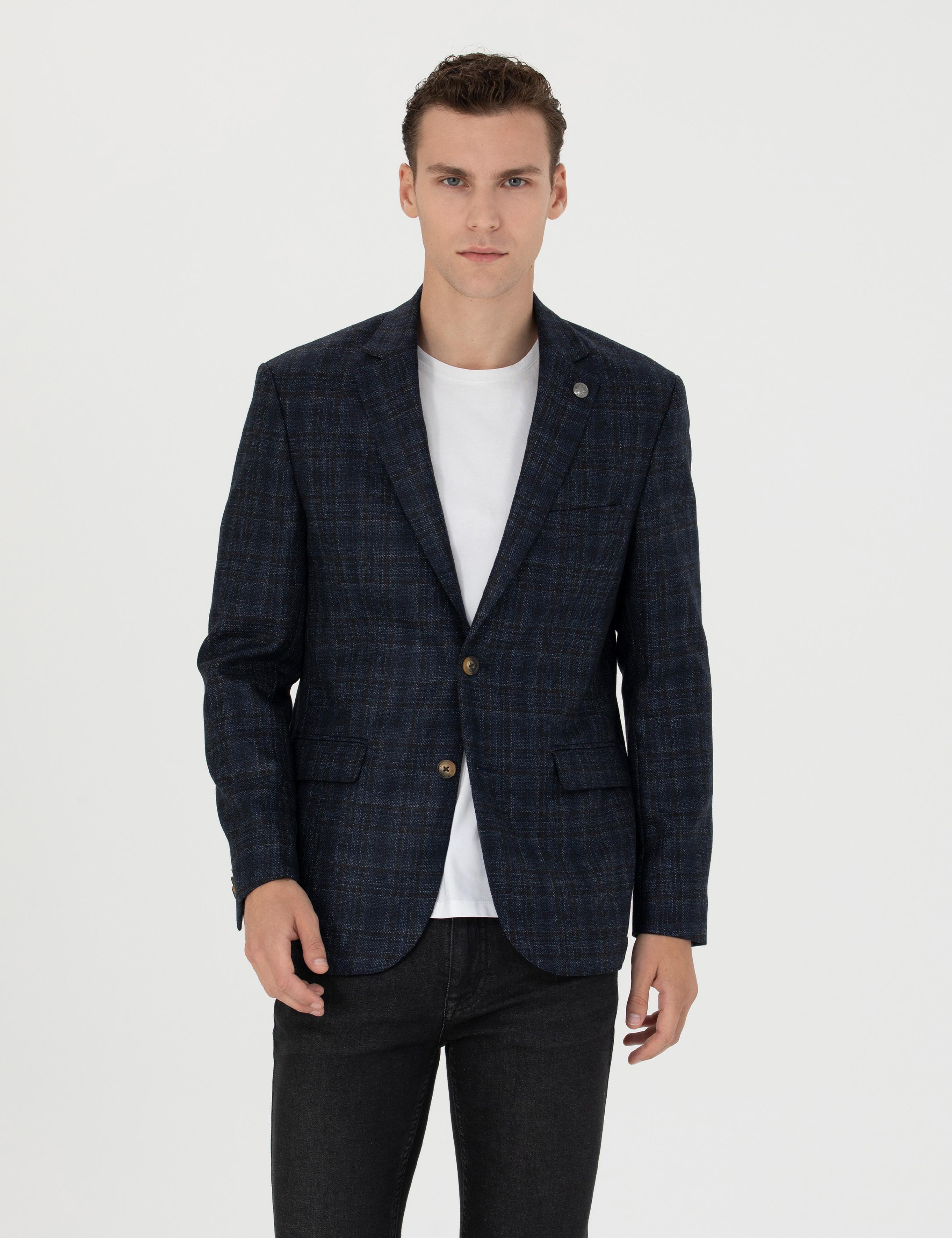 Ekose Lacivert Yün Ceket