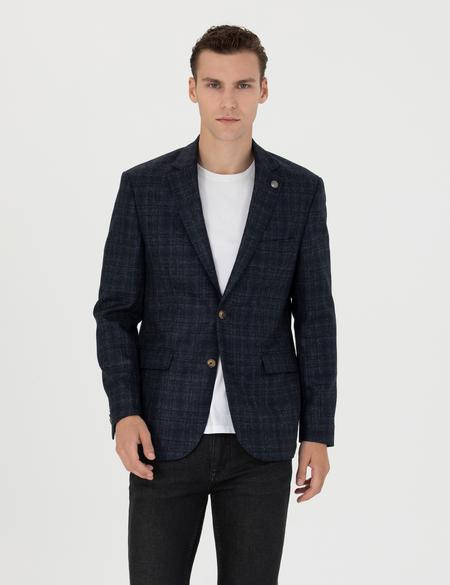 Ekose Lacivert Yün Ceket - 50273168008