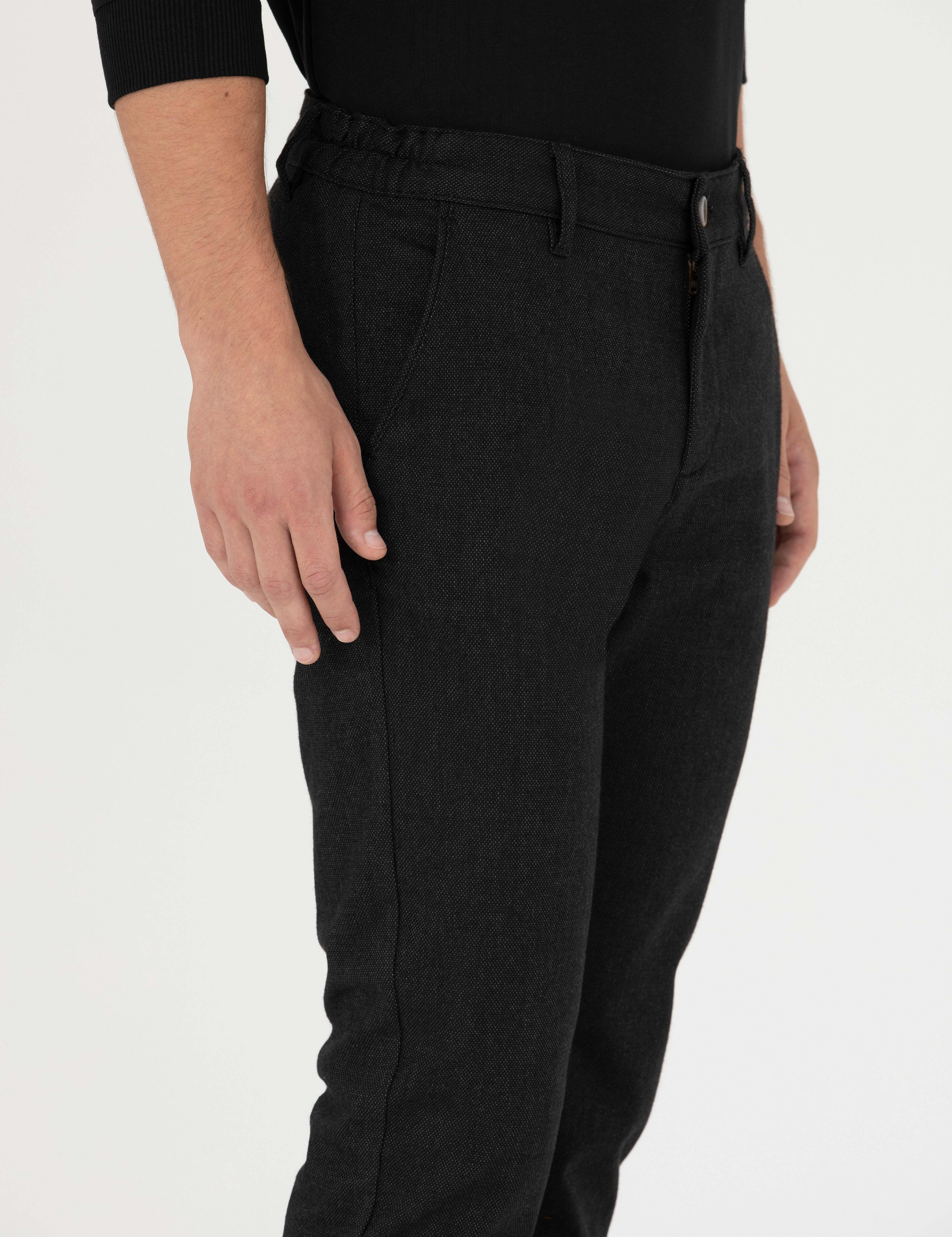 Siyah Slim Fit Beli Lastikli Kanvas Pantolon - Image 5