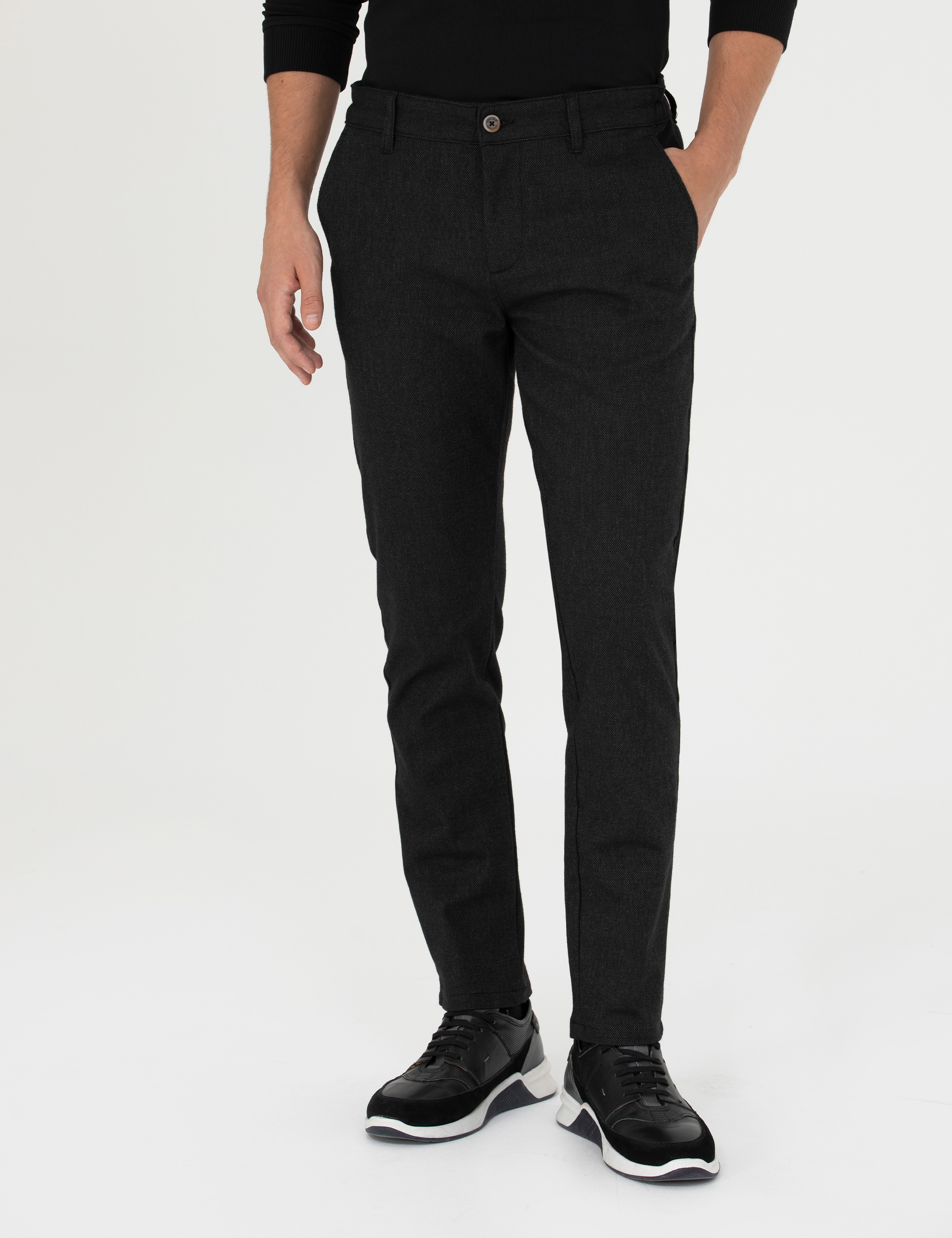 Siyah Slim Fit Beli Lastikli Kanvas Pantolon - Image 2