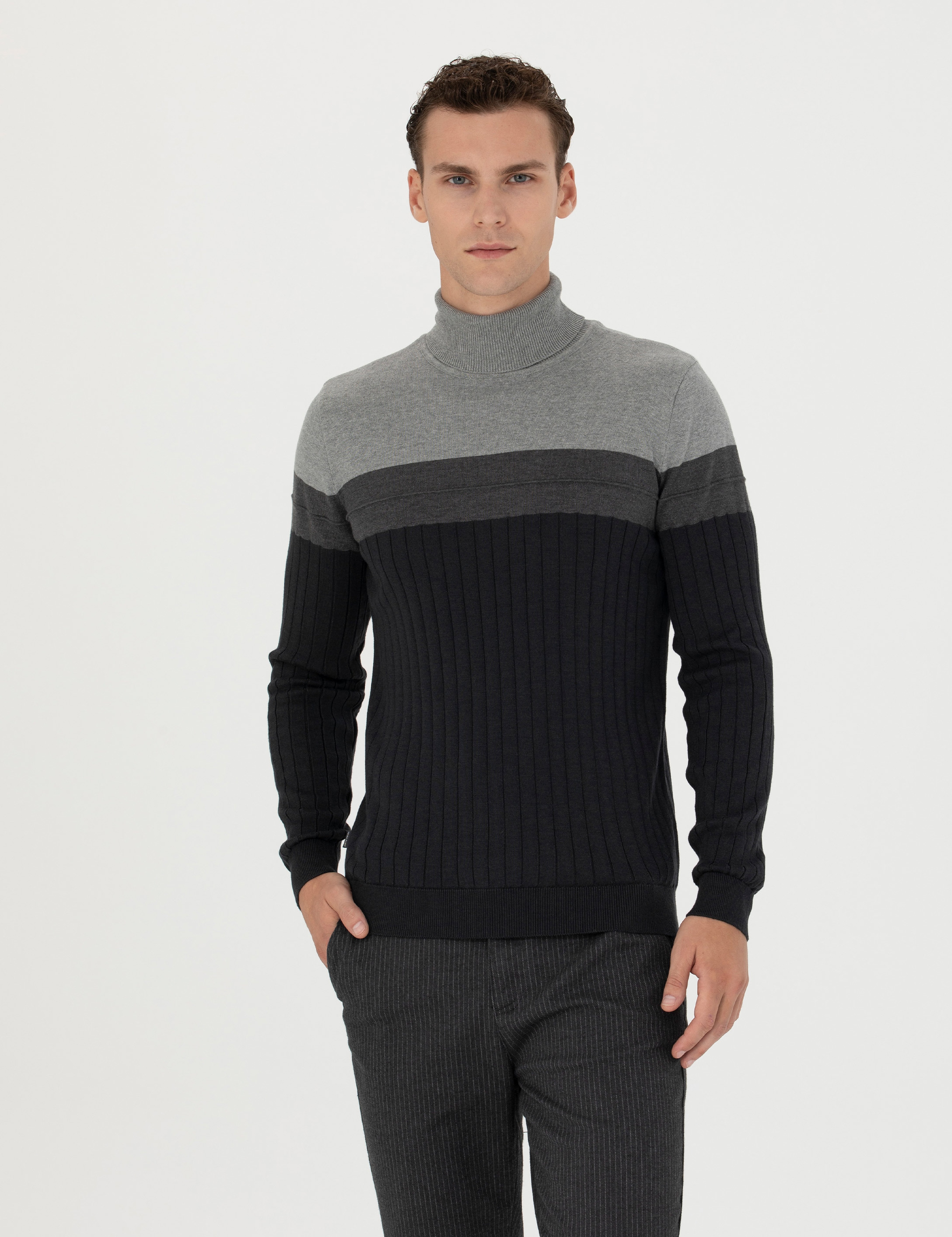 Antrasit Melanj Slim Fit Balıkçı Yaka Triko Kazak - Image 1