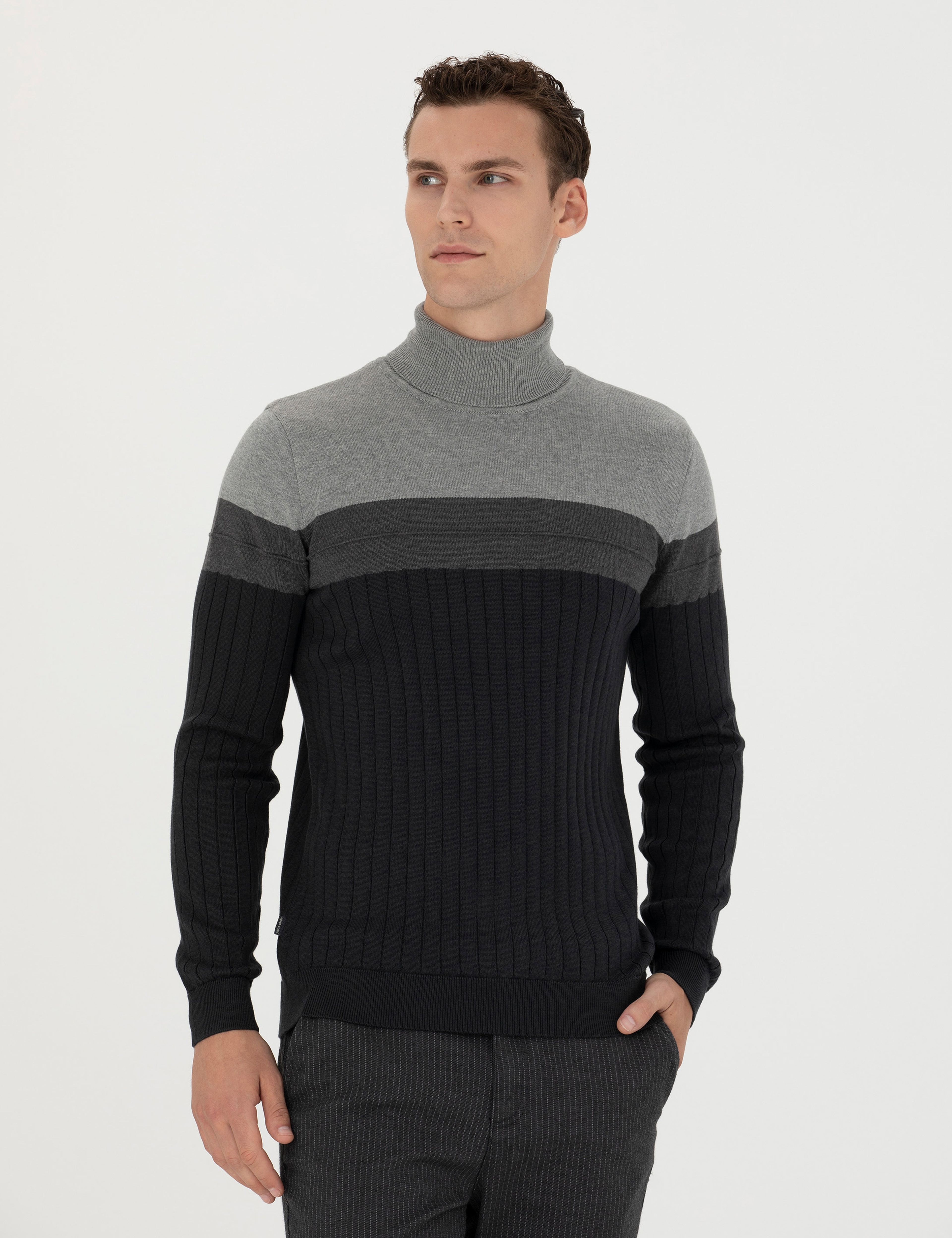 Antrasit Melanj Slim Fit Balıkçı Yaka Triko Kazak - Image 3