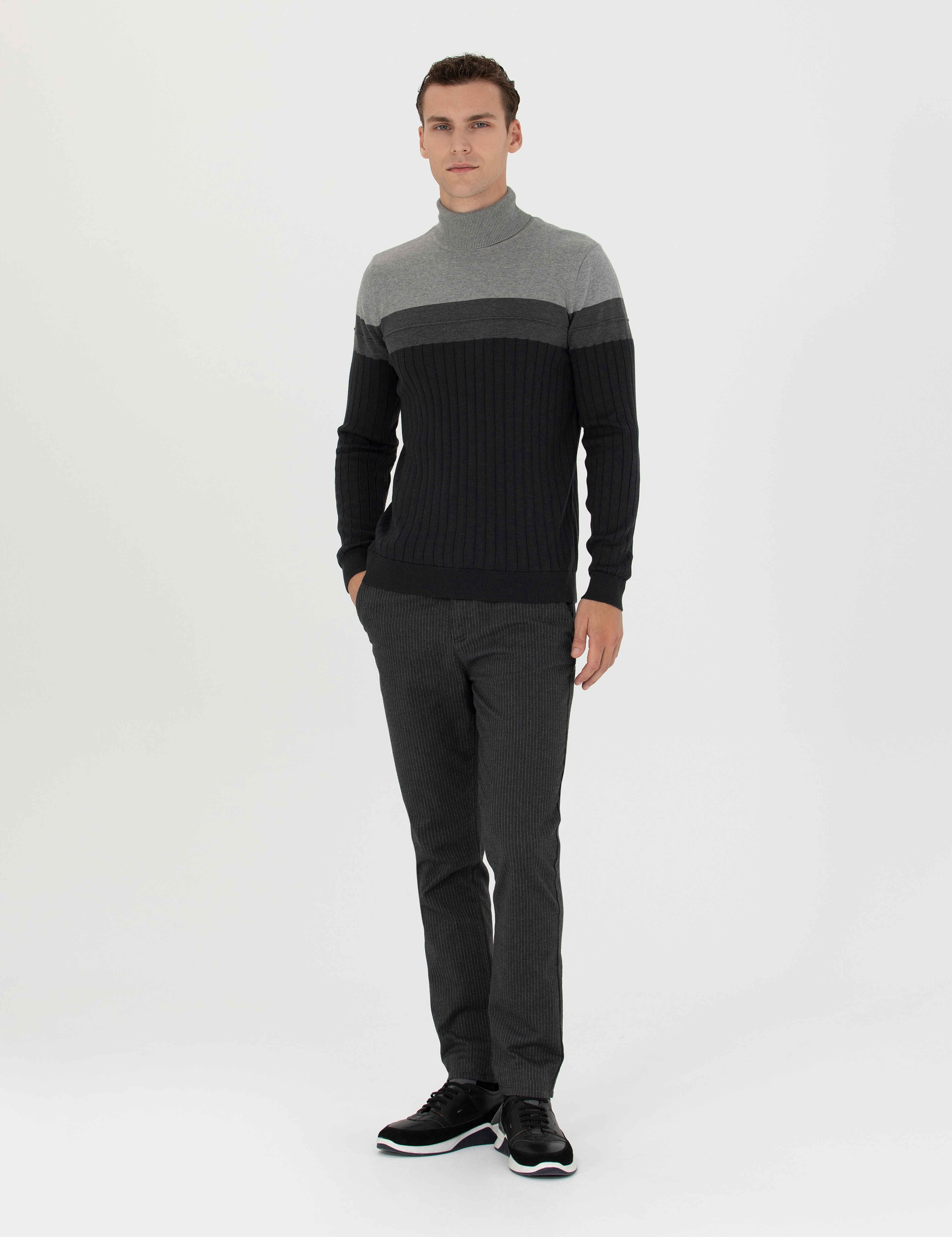 Antrasit Melanj Slim Fit Balıkçı Yaka Triko Kazak - Image 4