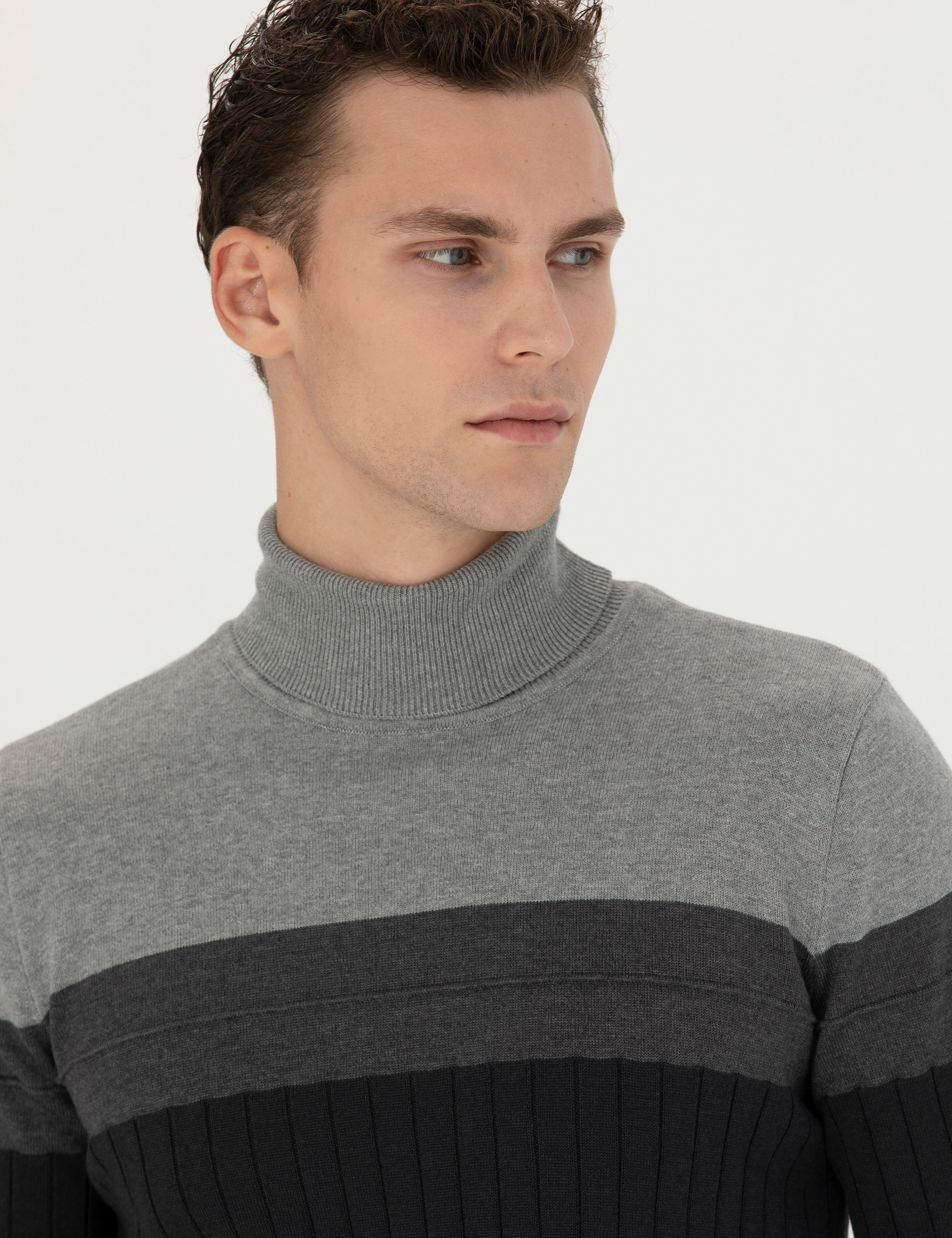 Antrasit Melanj Slim Fit Balıkçı Yaka Triko Kazak - Image 2