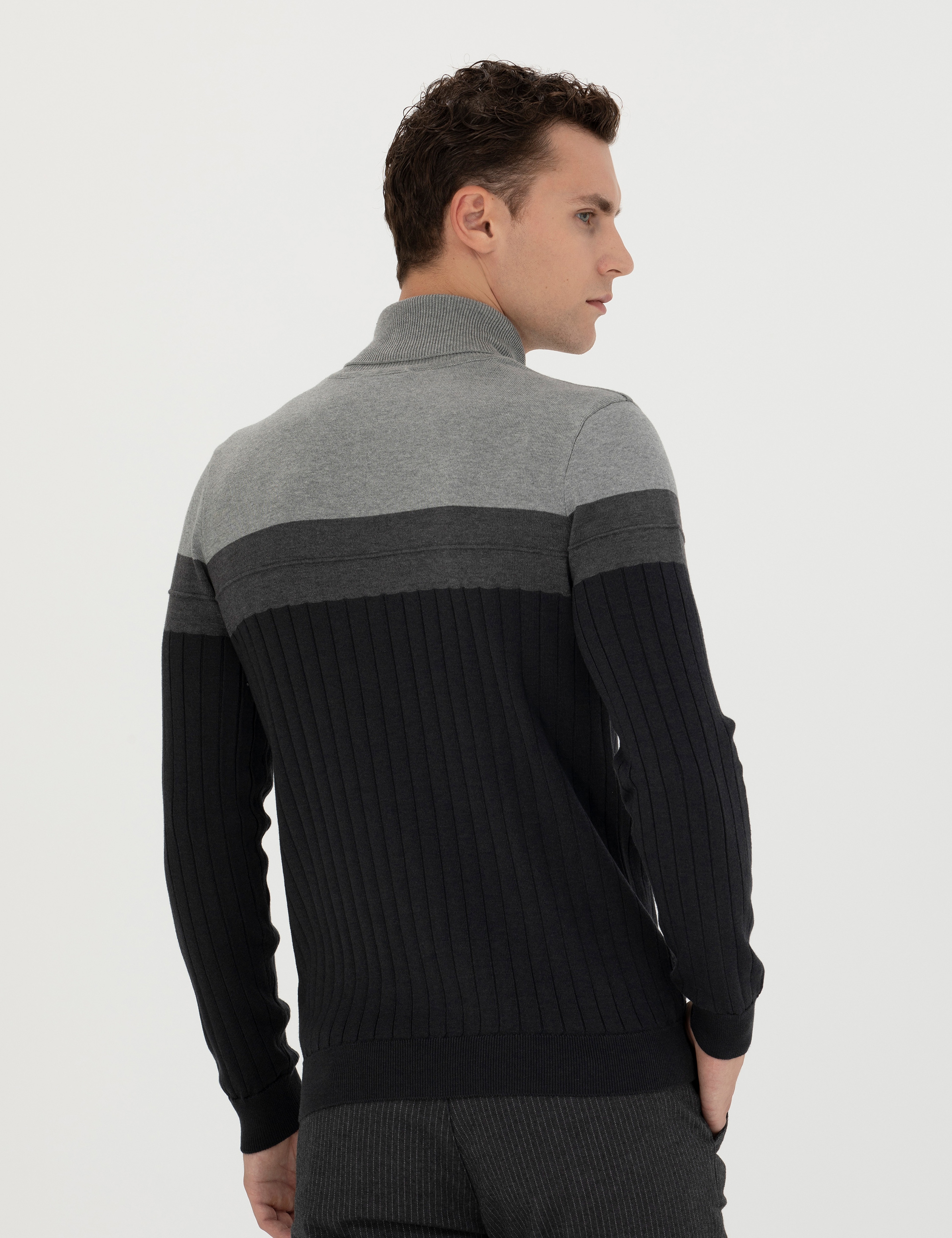 Antrasit Melanj Slim Fit Balıkçı Yaka Triko Kazak - Image 5