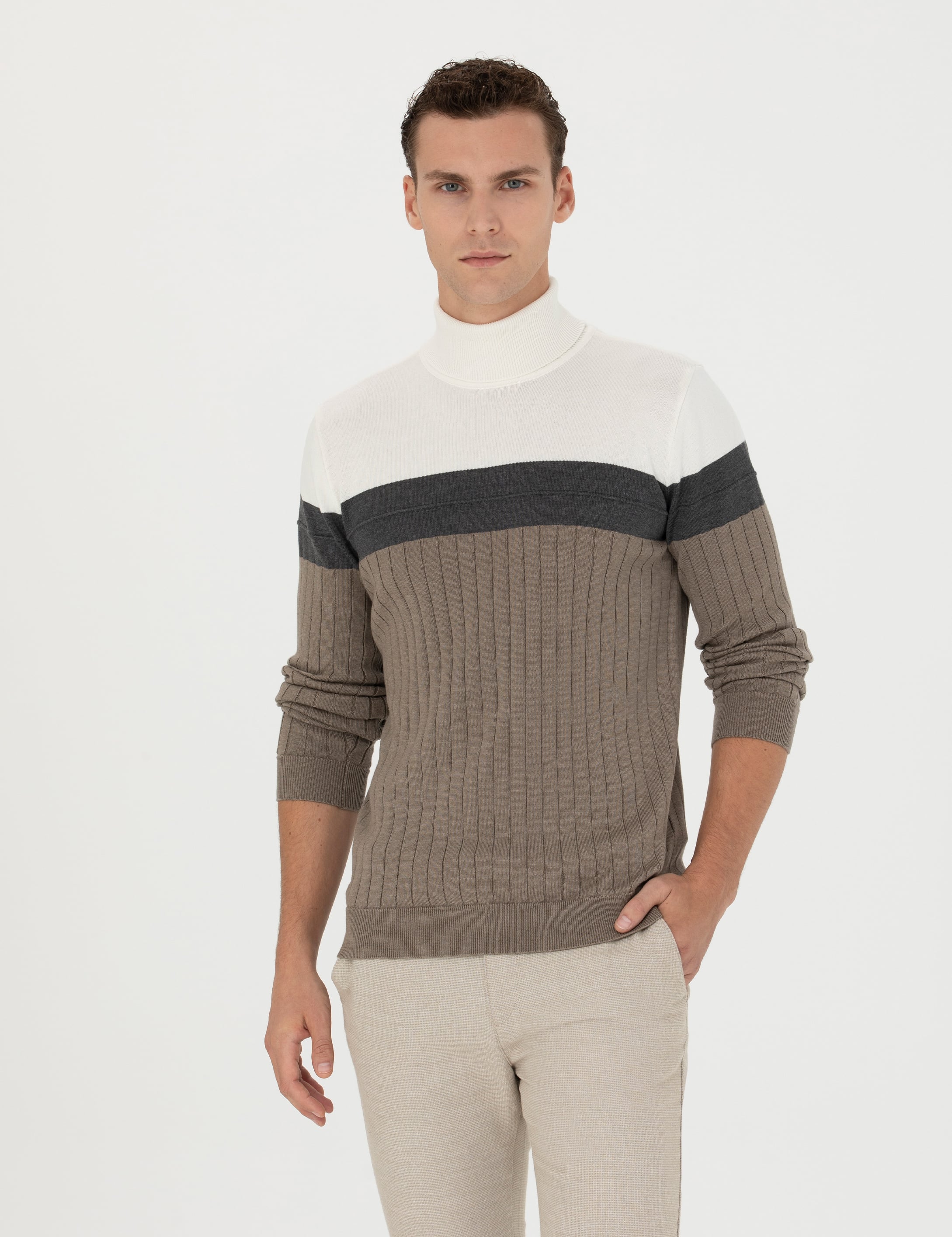 Vizon Melanj Slim Fit Balıkçı Yaka Triko Kazak