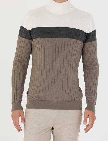 Vizon Melanj Slim Fit Balıkçı Yaka Triko Kazak