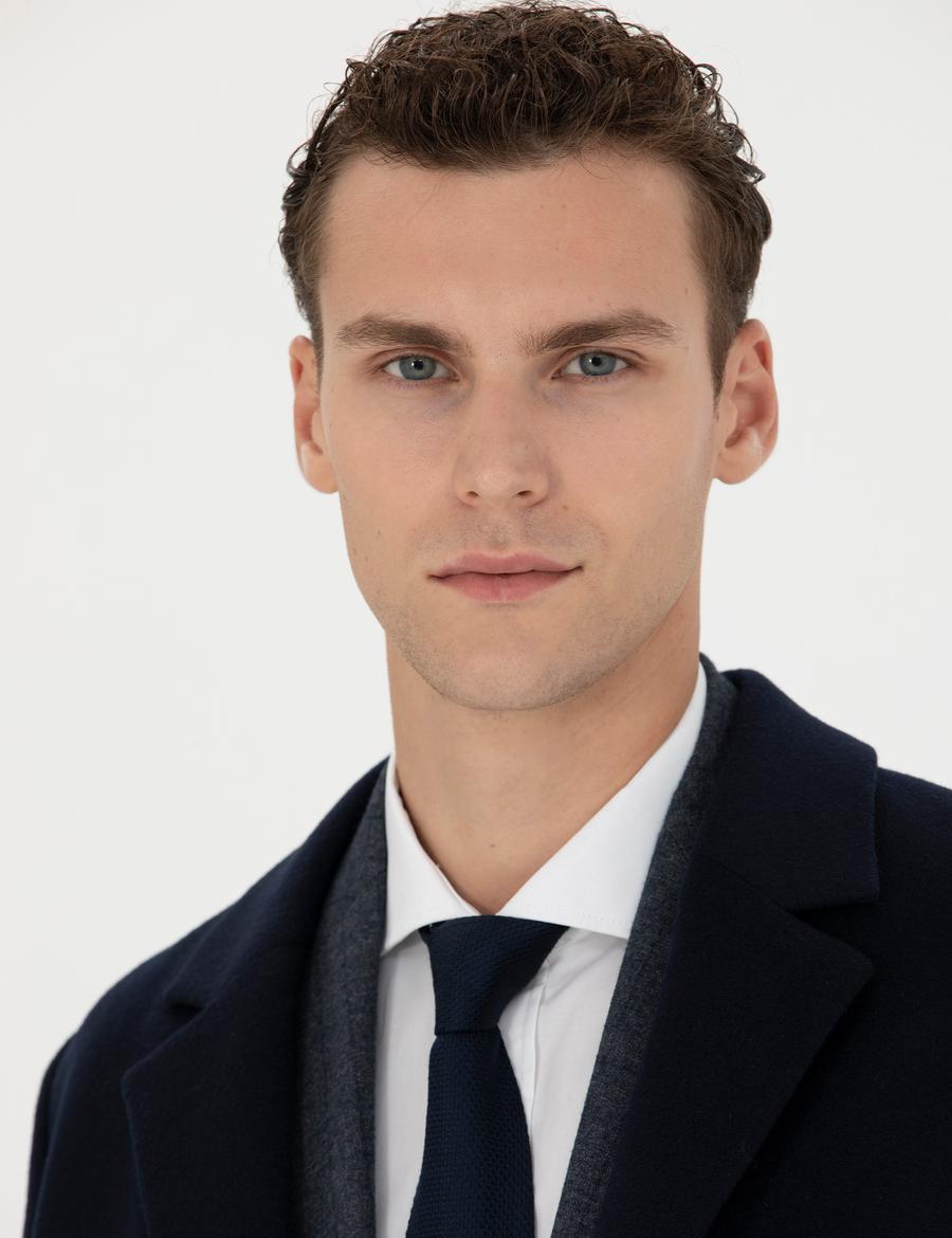 Lacivert Ekstra Slim Fit Yün Karışımlı Kaşe Kaban