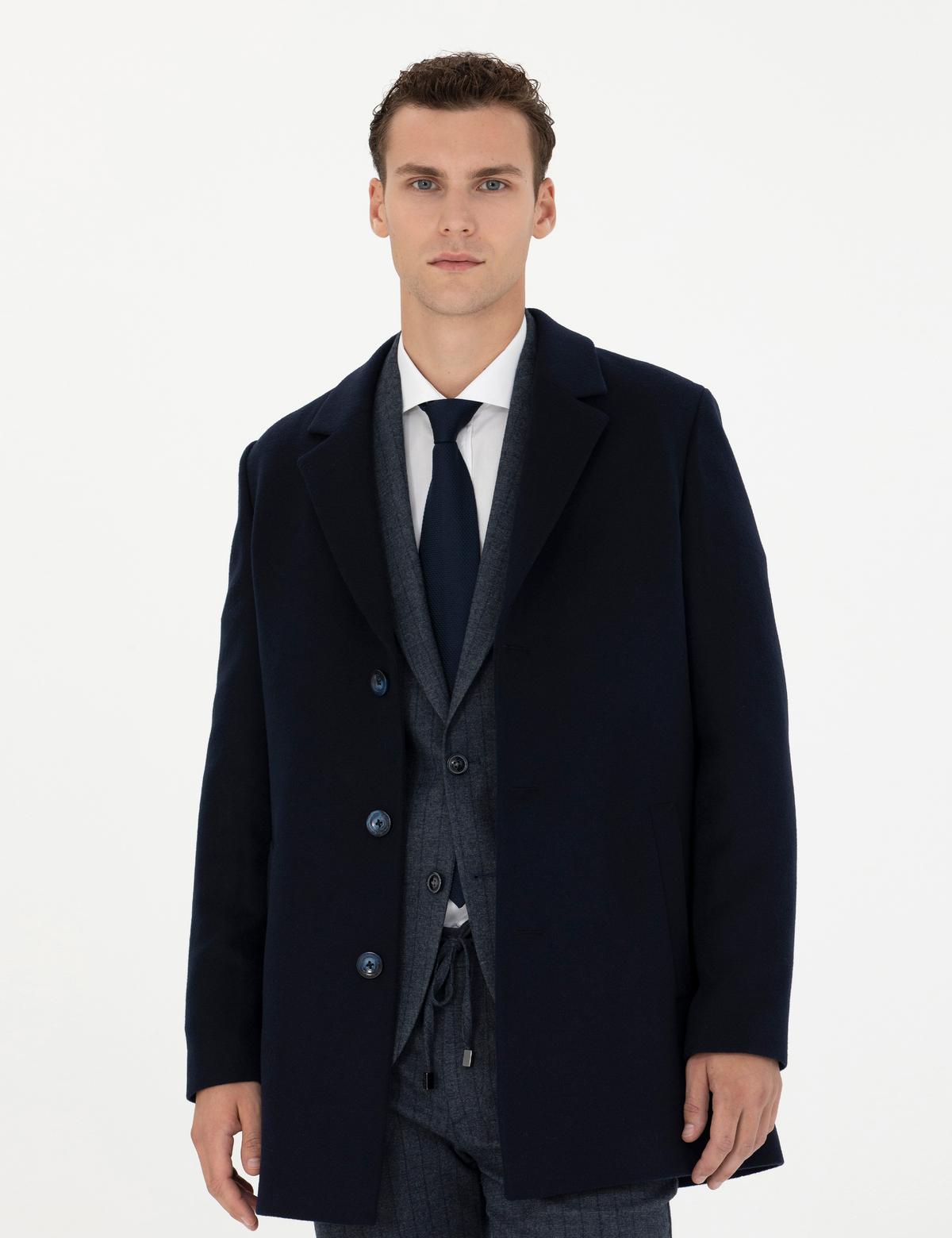 Lacivert Ekstra Slim Fit Yün Karışımlı Kaşe Kaban - 50284222020