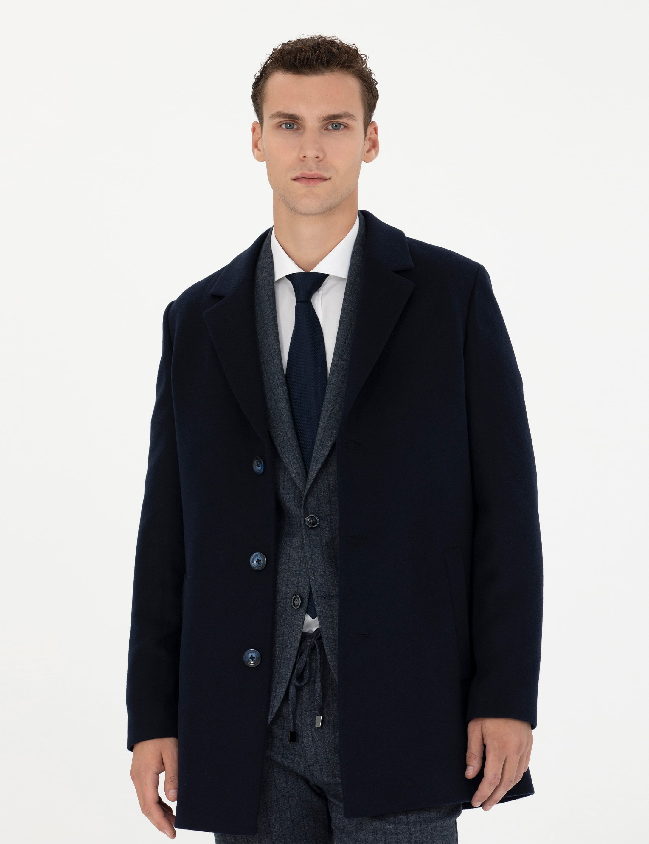 Lacivert Ekstra Slim Fit Yün Karışımlı Kaşe Kaban