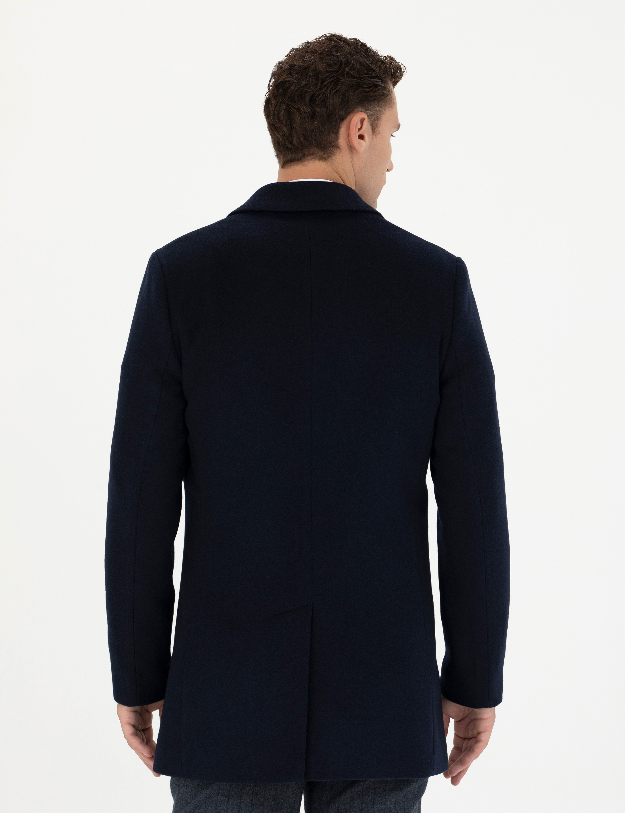 Lacivert Ekstra Slim Fit Yün Karışımlı Kaşe Kaban - Image 5
