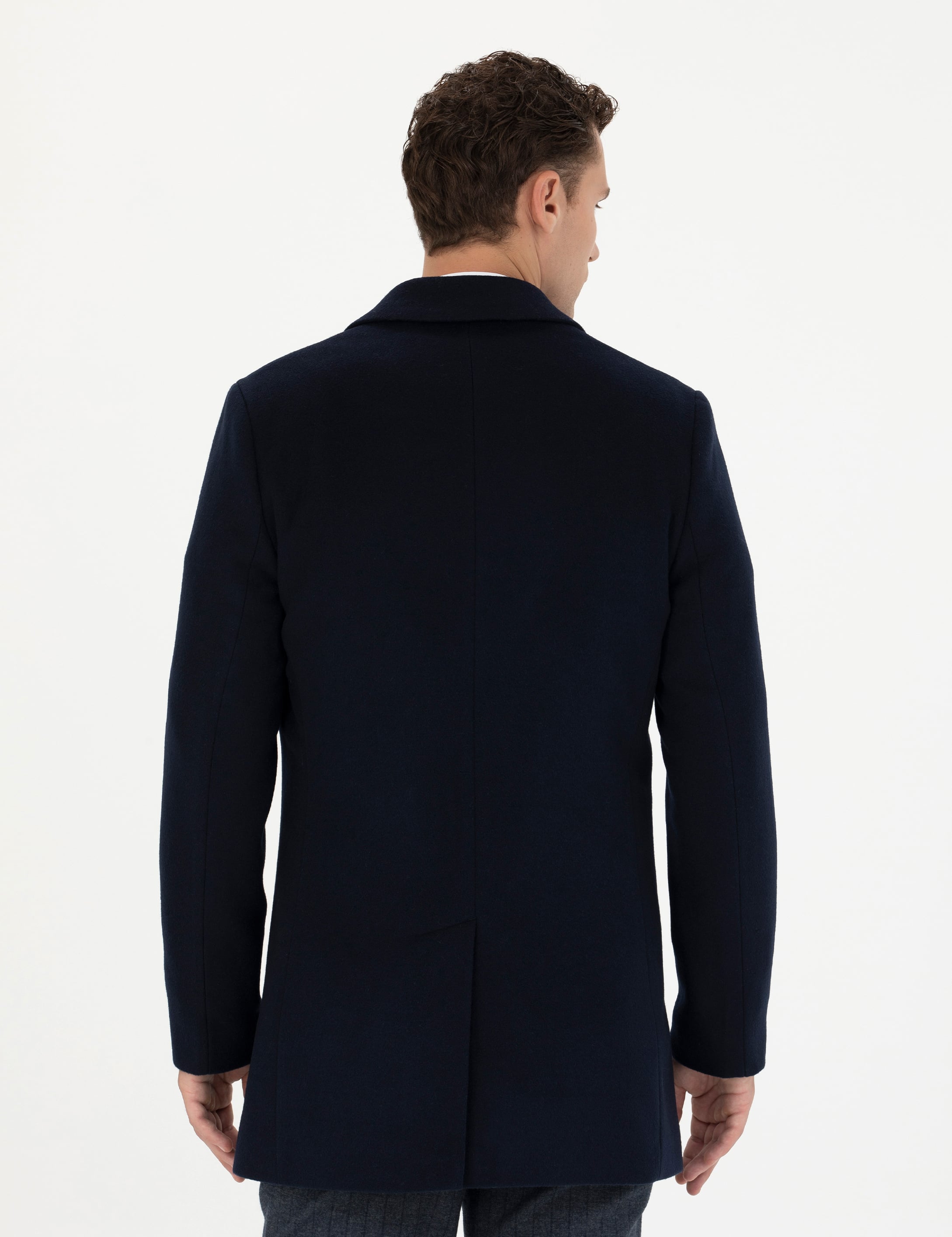 Lacivert Ekstra Slim Fit Yün Karışımlı Kaşe Kaban