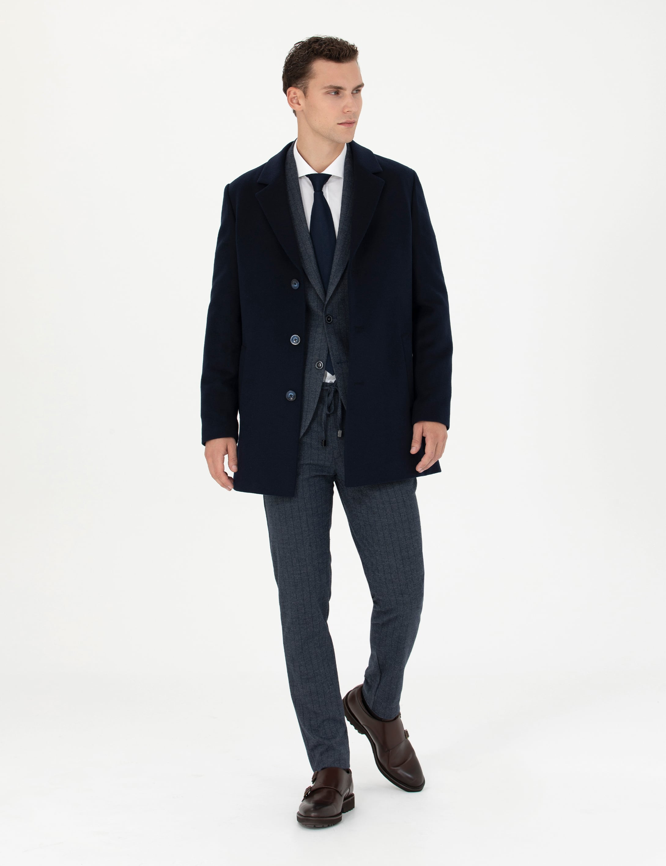 Lacivert Ekstra Slim Fit Yün Karışımlı Kaşe Kaban - Image 4