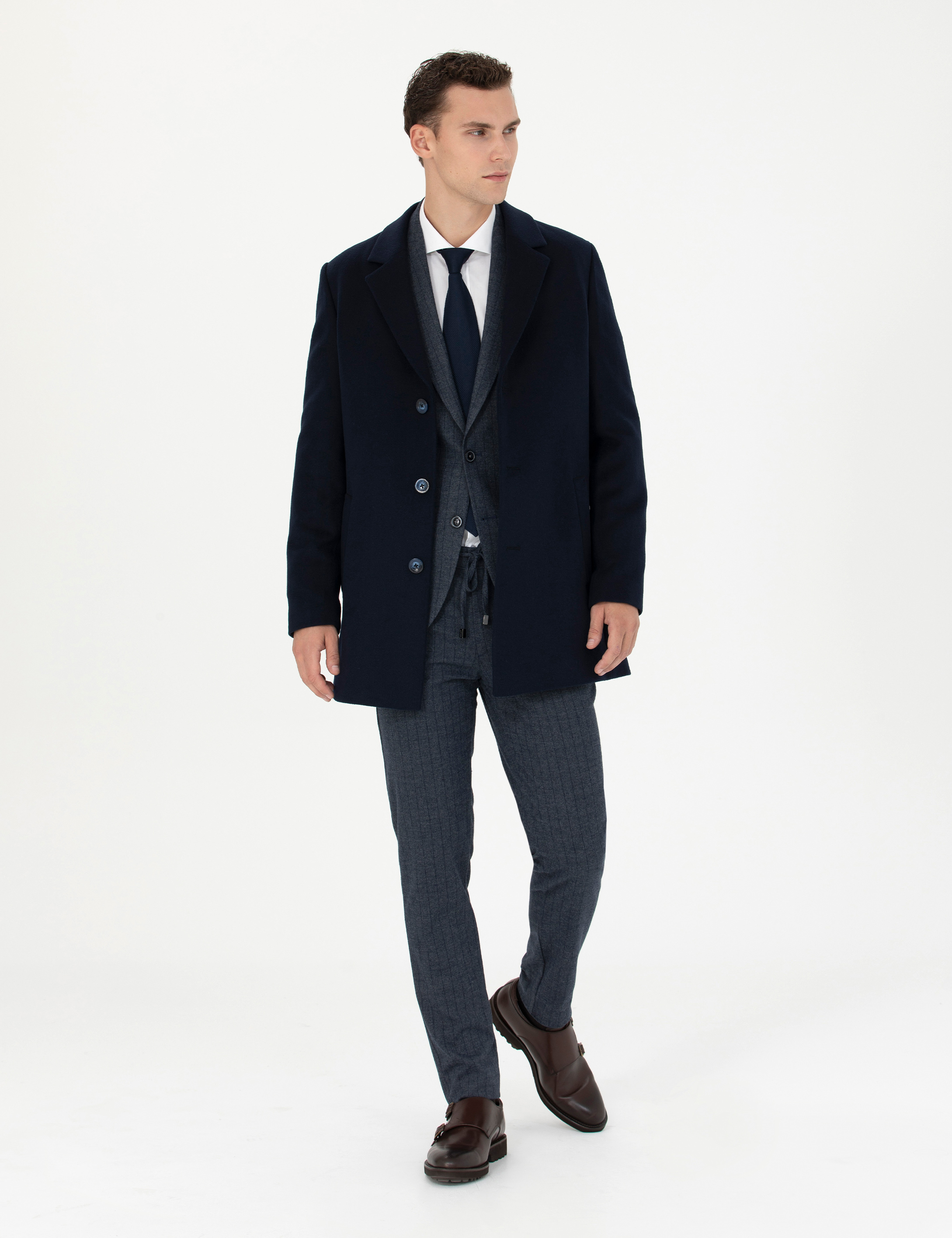 Lacivert Ekstra Slim Fit Yün Karışımlı Kaşe Kaban