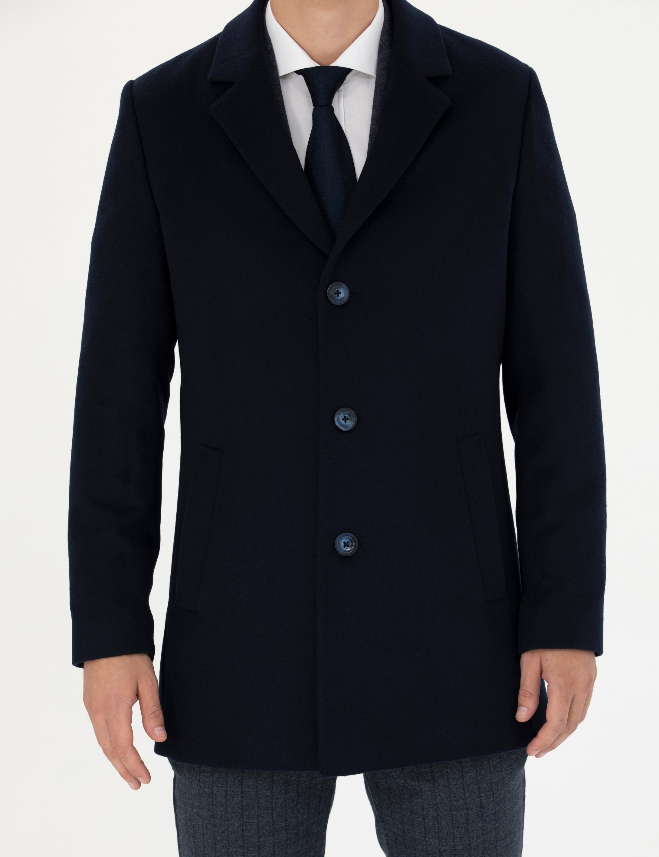 Lacivert Ekstra Slim Fit Yün Karışımlı Kaşe Kaban