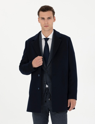 Lacivert Ekstra Slim Fit Yün Karışımlı Kaşe Kaban