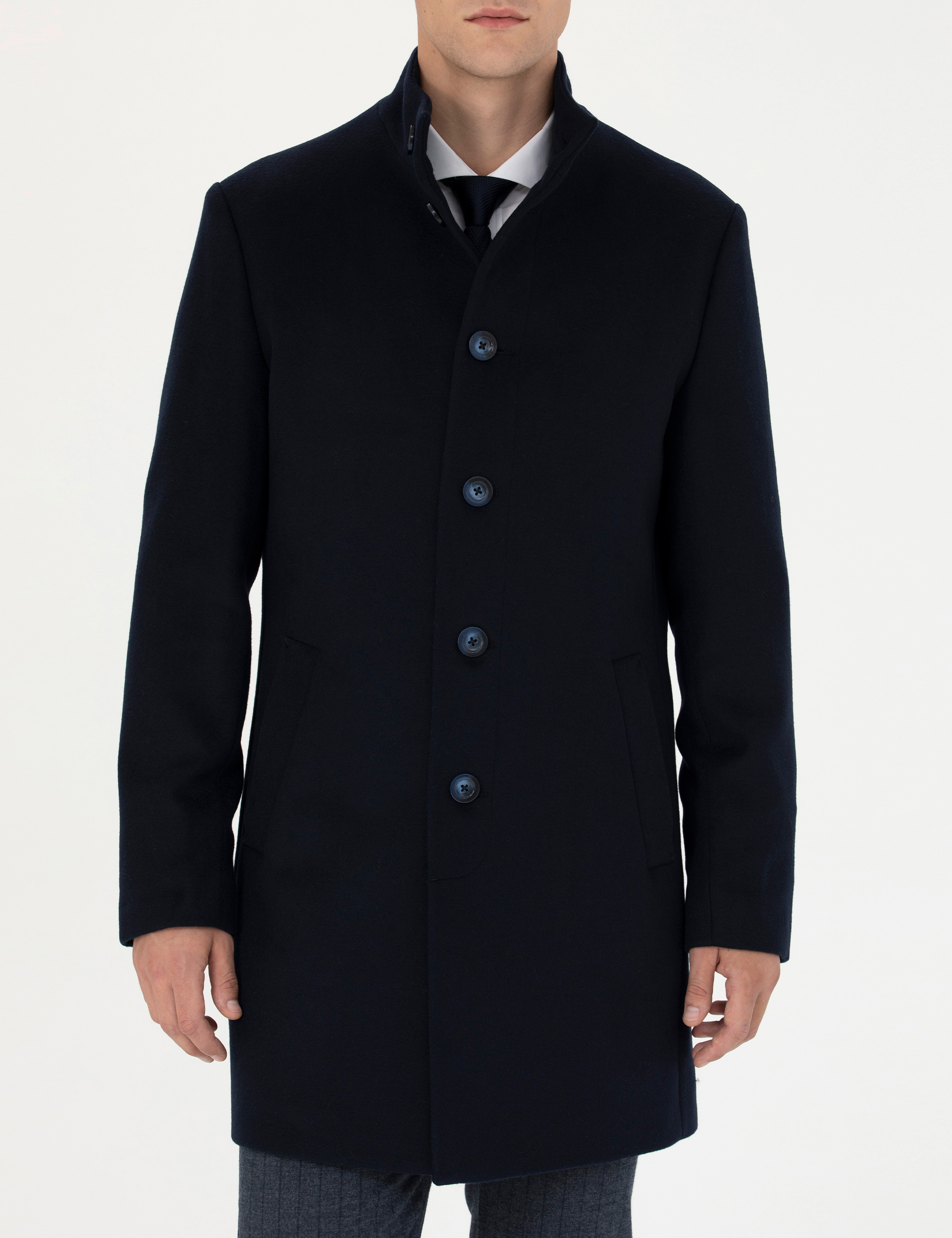 Lacivert Yün Karışımlı Slim Fit Palto - Image 6