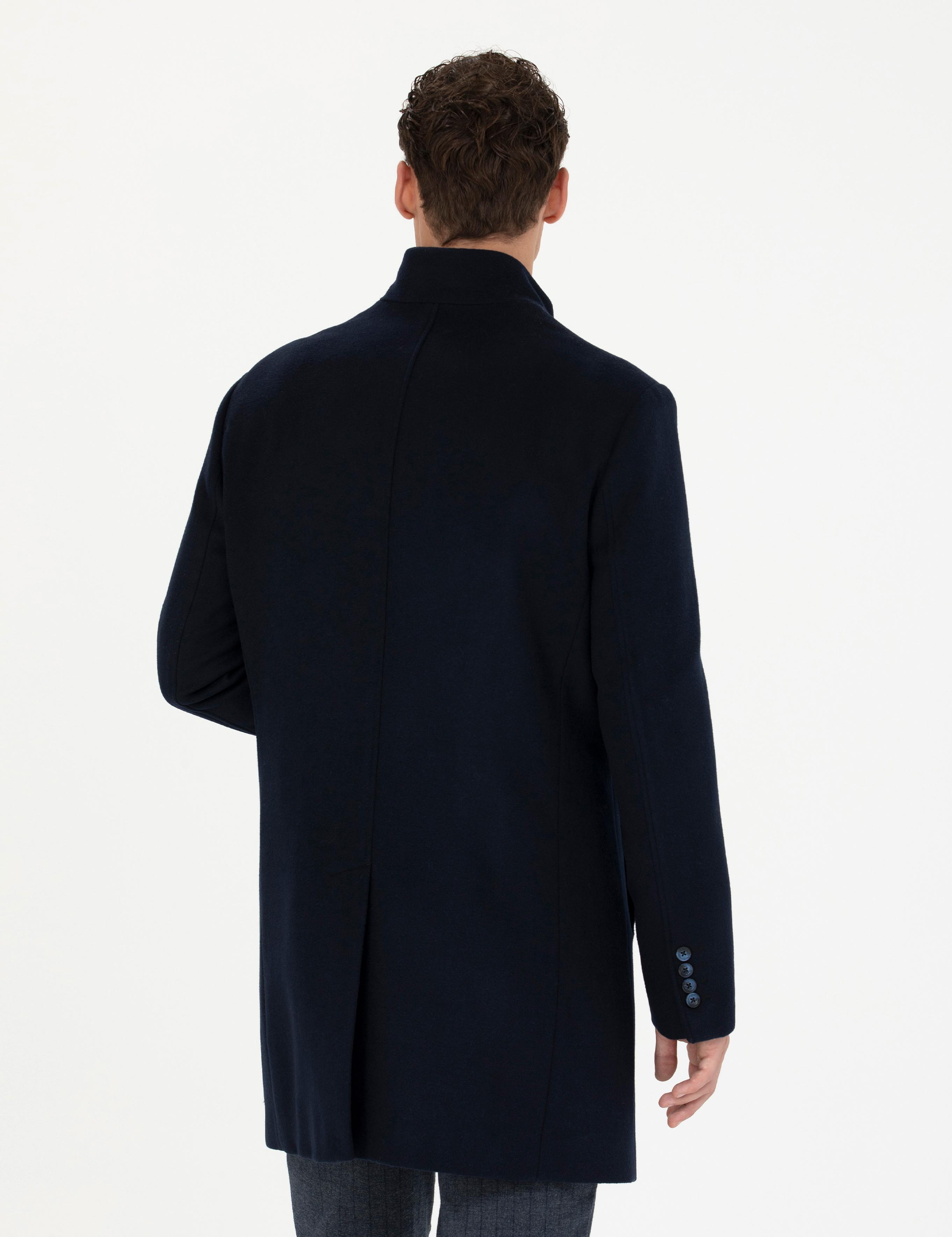 Lacivert Yün Karışımlı Slim Fit Palto