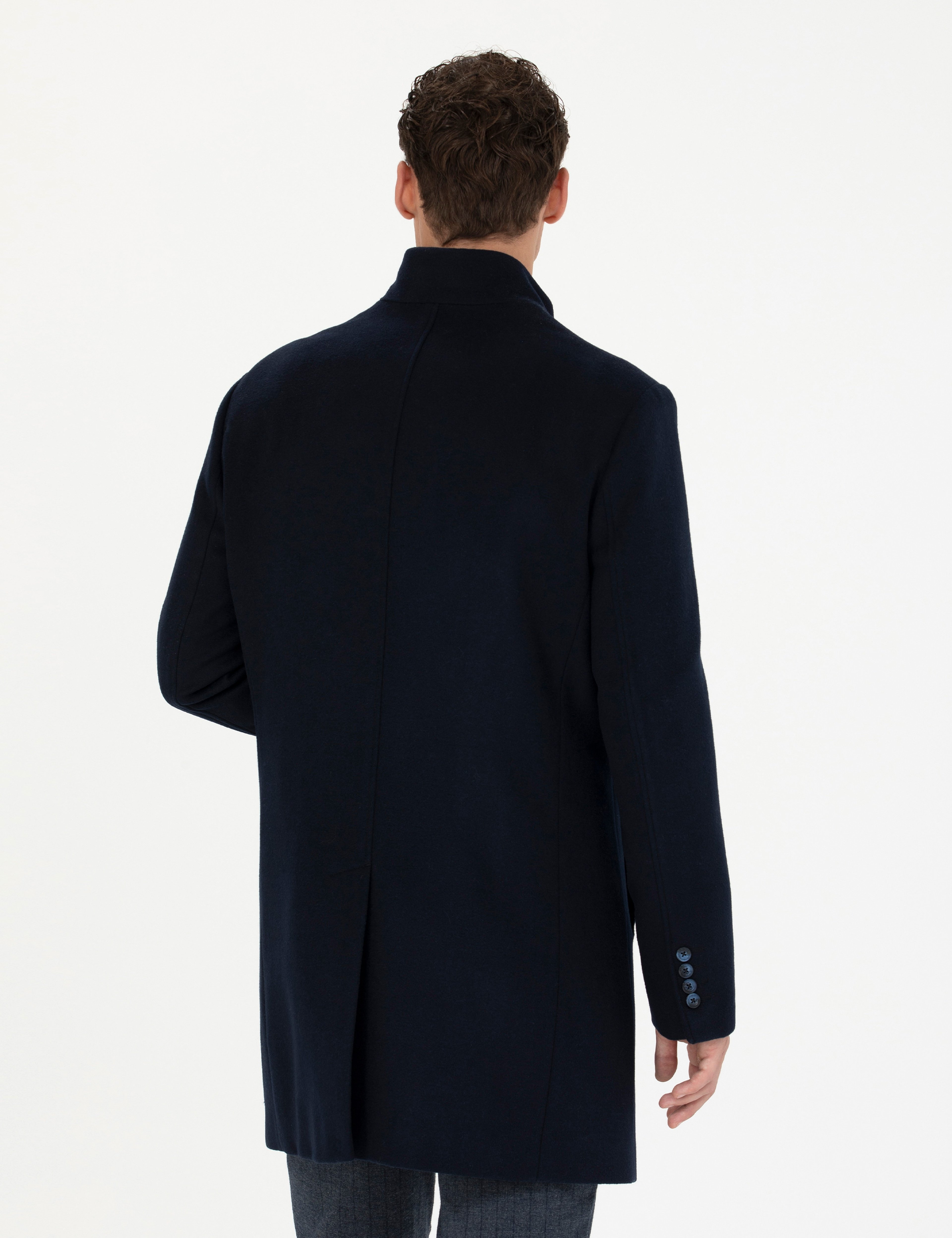 Lacivert Yün Karışımlı Slim Fit Palto