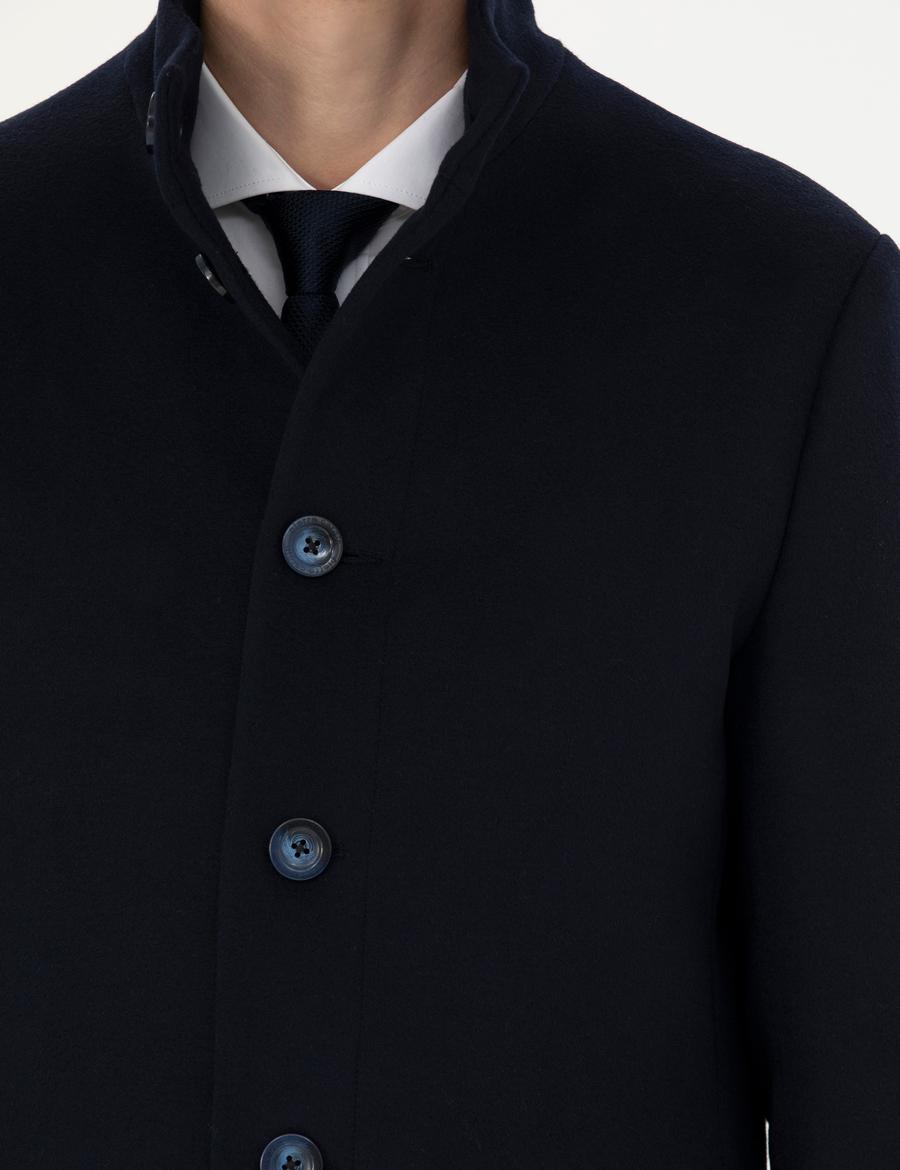 Lacivert Yün Karışımlı Slim Fit Palto