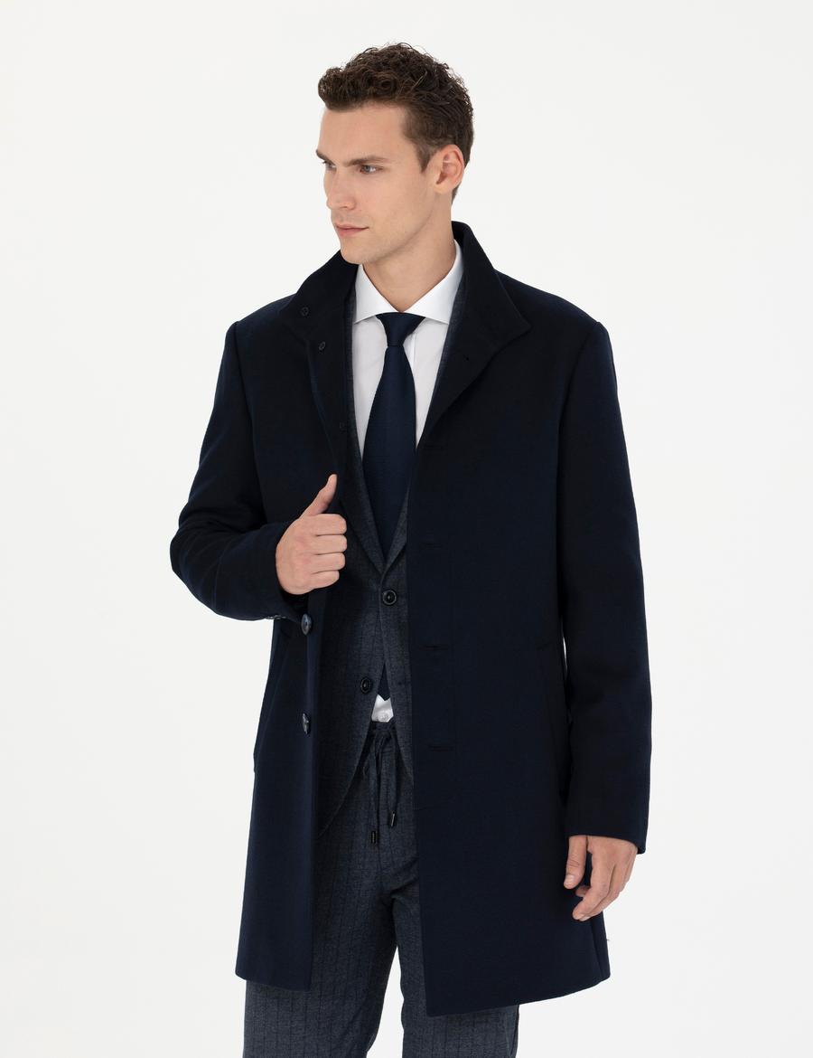 Lacivert Yün Karışımlı Slim Fit Palto