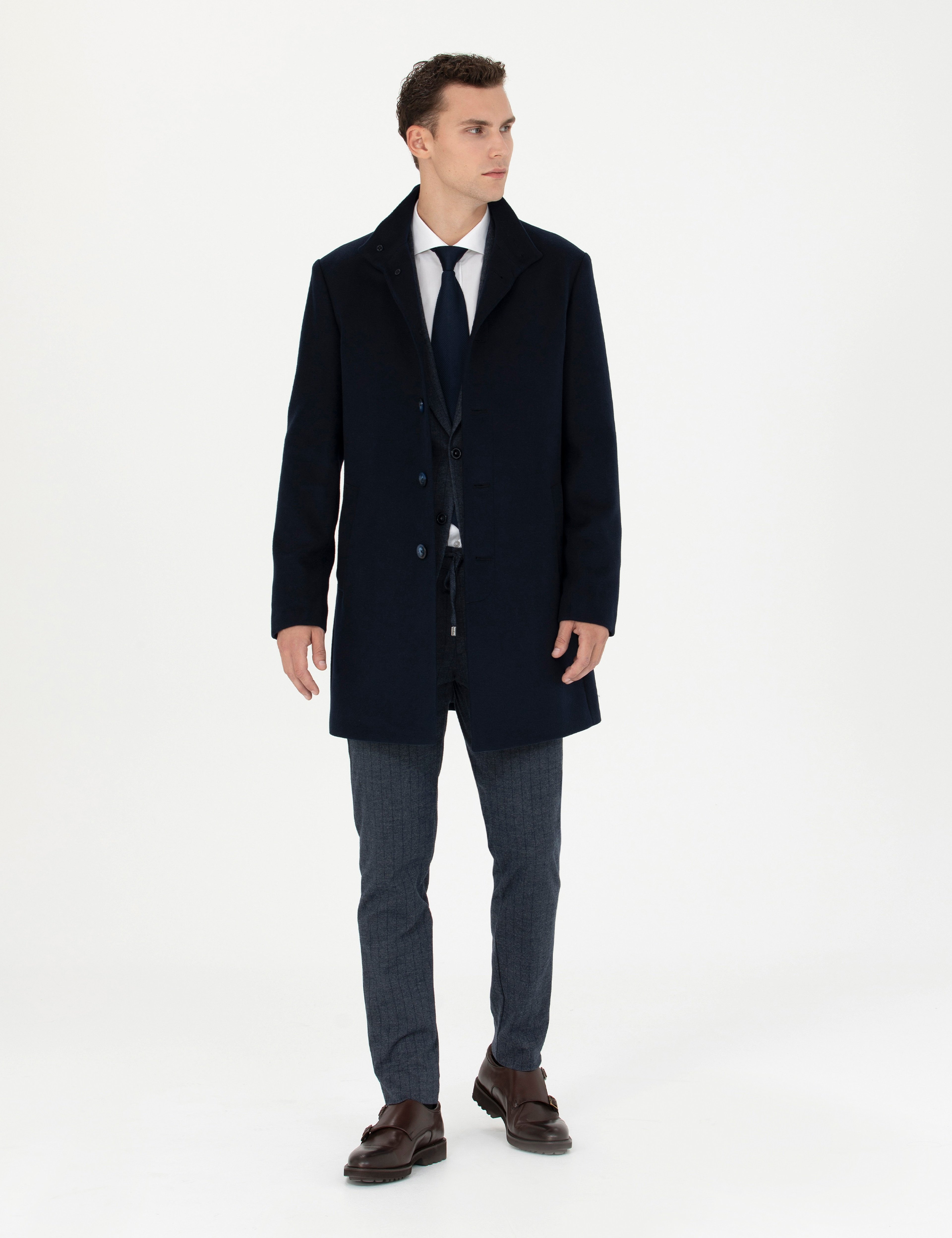 Lacivert Yün Karışımlı Slim Fit Palto - Image 4