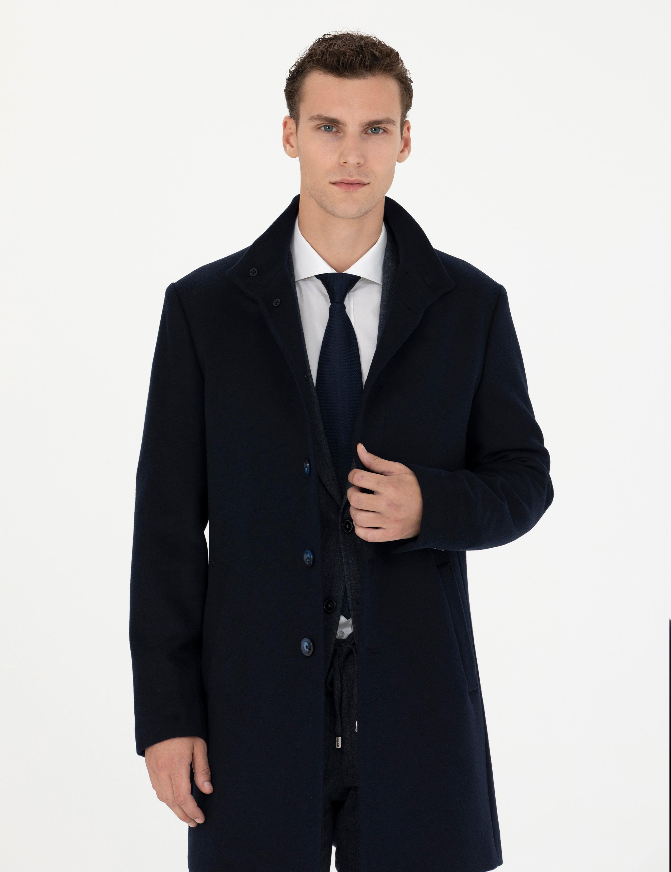 Lacivert Yün Karışımlı Slim Fit Palto