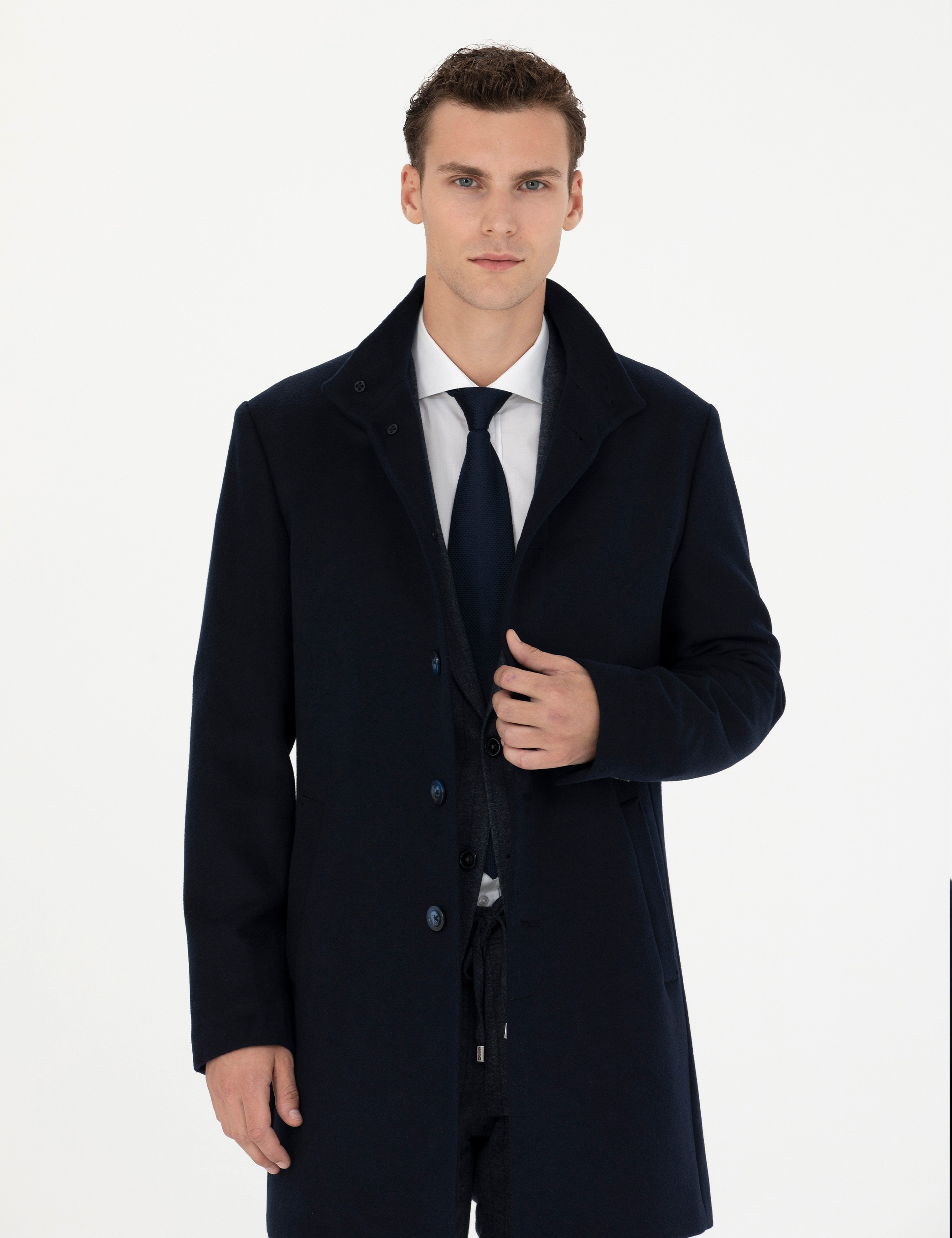 Lacivert Yün Karışımlı Slim Fit Palto - Image 3