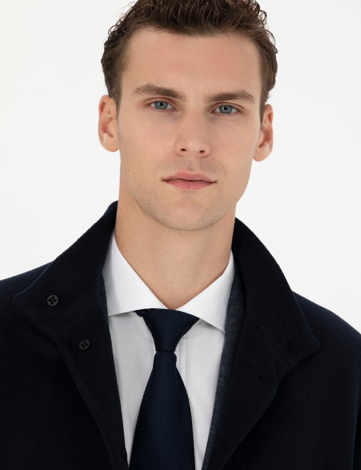 Lacivert Yün Karışımlı Slim Fit Palto - 50284231015