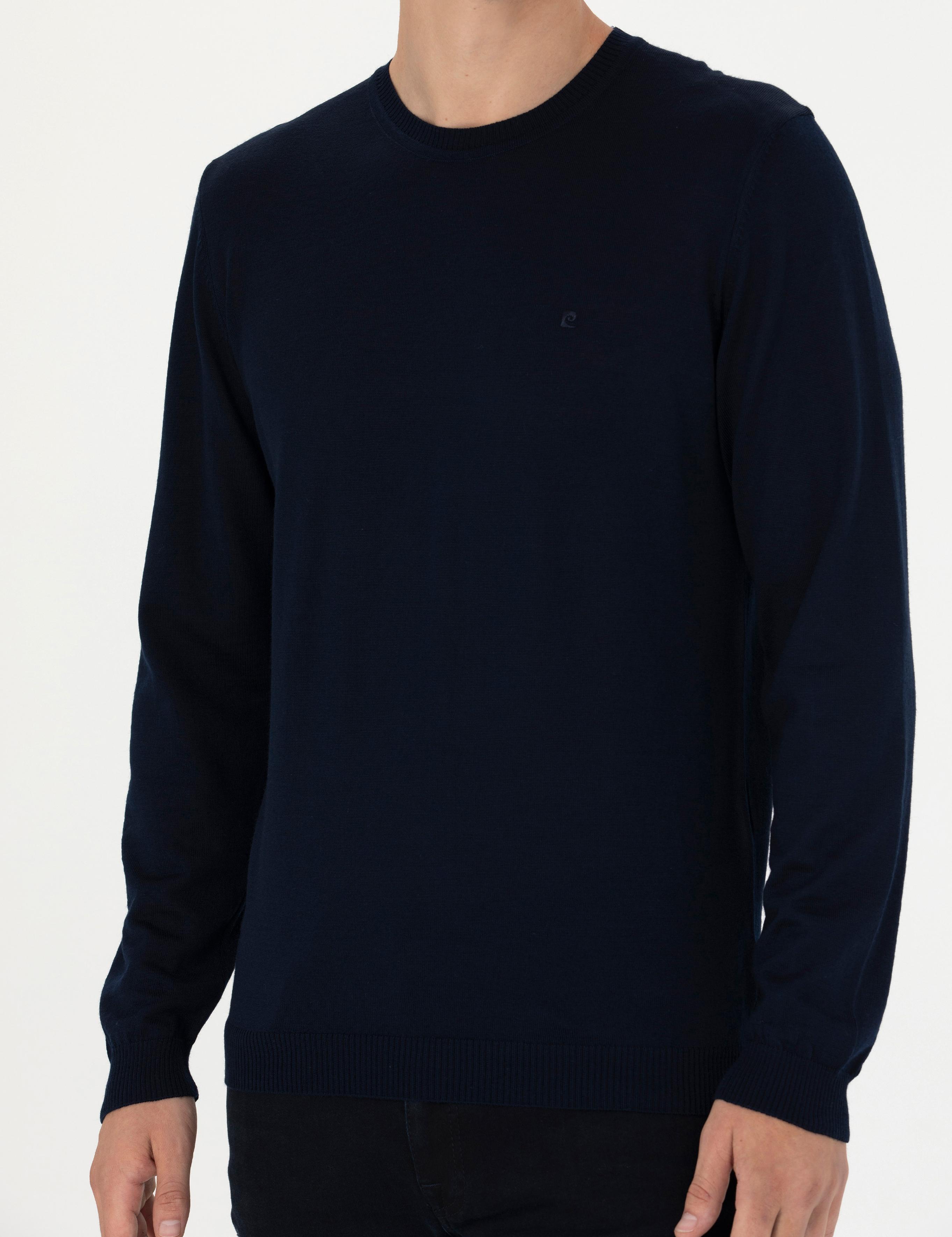 Lacivert Slim Fit Bisiklet Yaka Yün Karışımlı Basic Triko Kazak